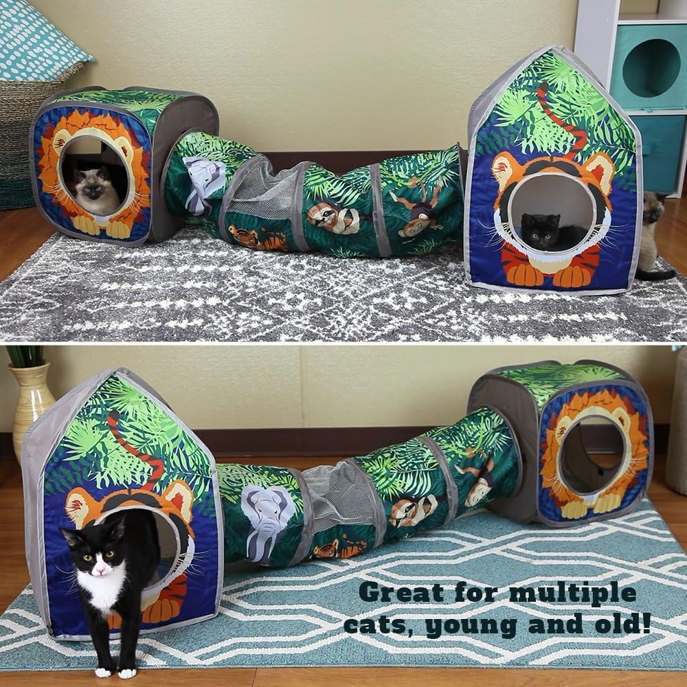 Kitty City Safari Jungle Pop-Up Cat Cube, Collapsible Indoor Cat Hideout & Play Cube with Peekaboo Openings, Easy Storage, 15” x 15” x 15”