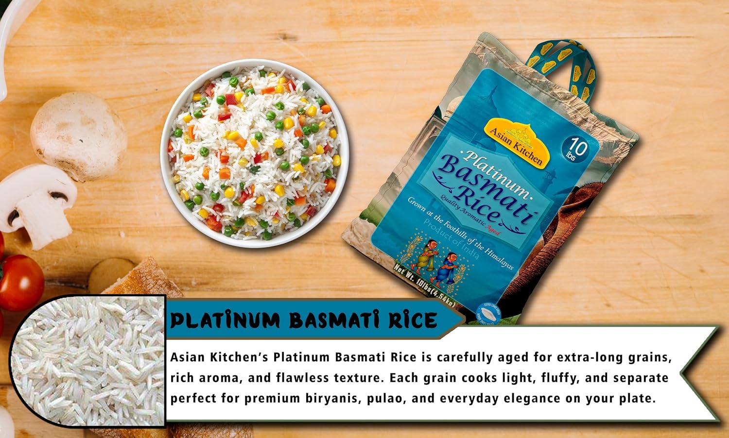 Asian Kitchen Platinum White Basmati Rice Extra Long Aged 20lbs (9.08kg) ~ All Natural | Gluten Friendly | Vegan | Indian Origin | Export Quality