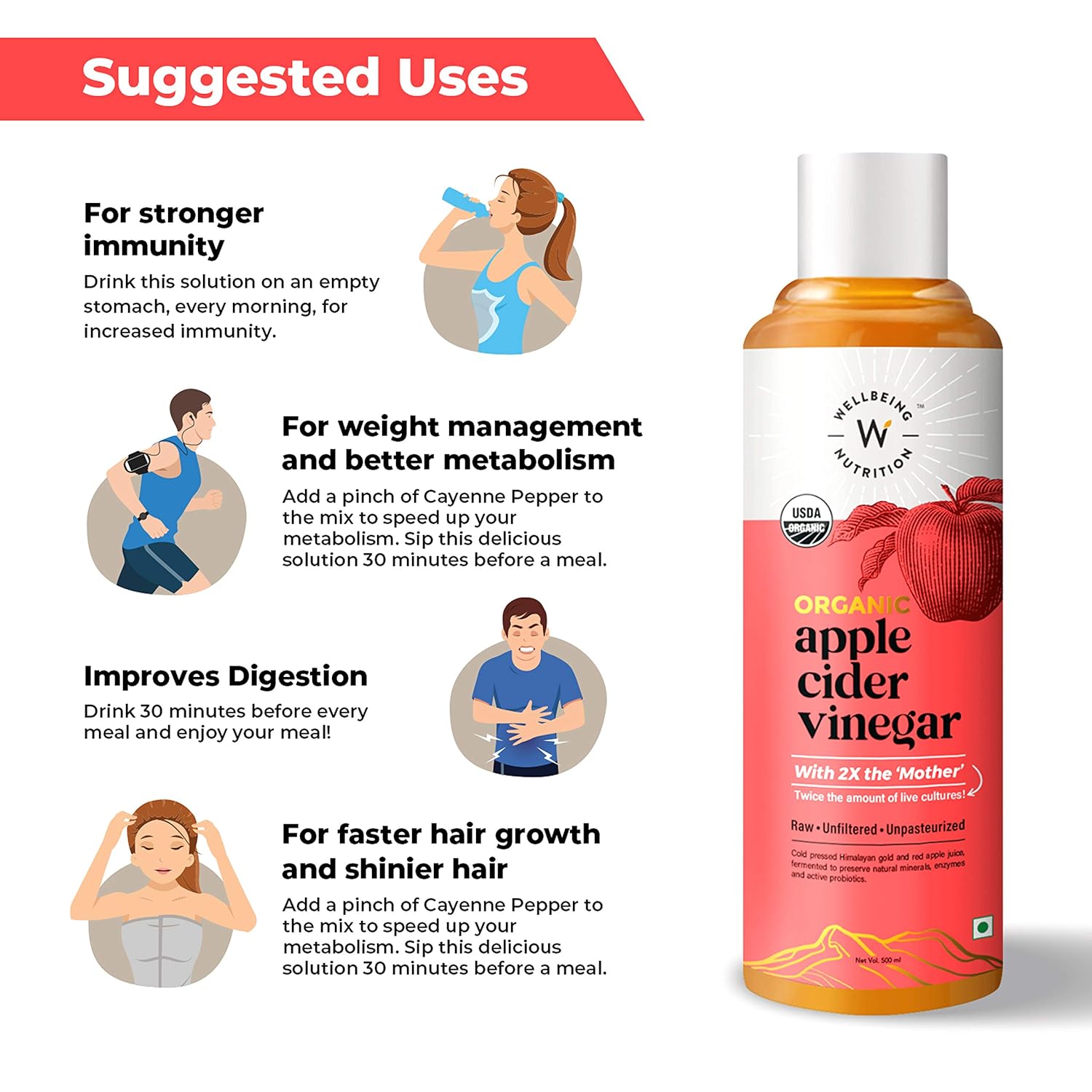 Wellbeing Nutrition Organic Apple Cider Vinegar - Raw, Unfiltered, Unpasteurized - 500ml..