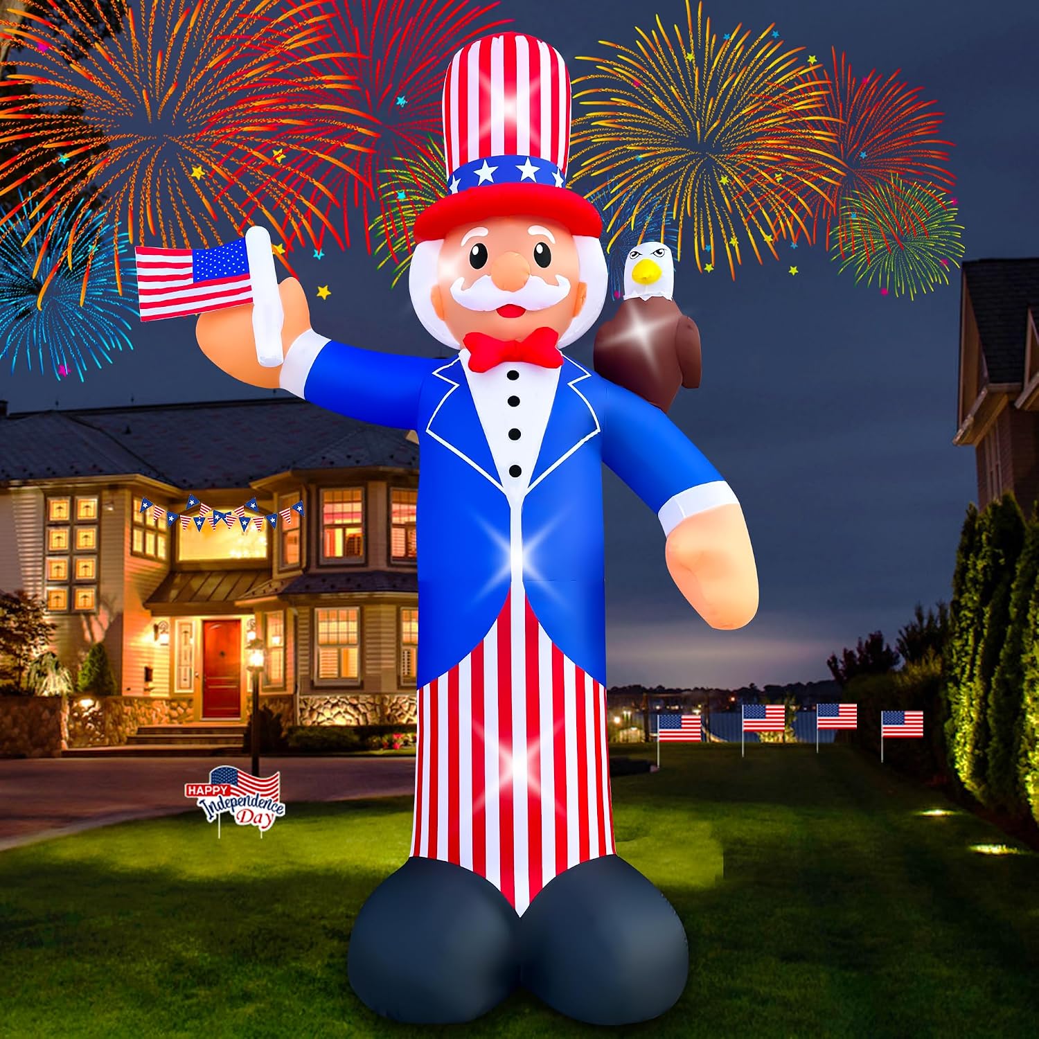 SEASONBLOW 12FT Independence Day Inflatable Uncle Sam with Bald Eagle Decorations Patriotic 4th of July LED Light Up Blow up Flag for Home Yard Lawn