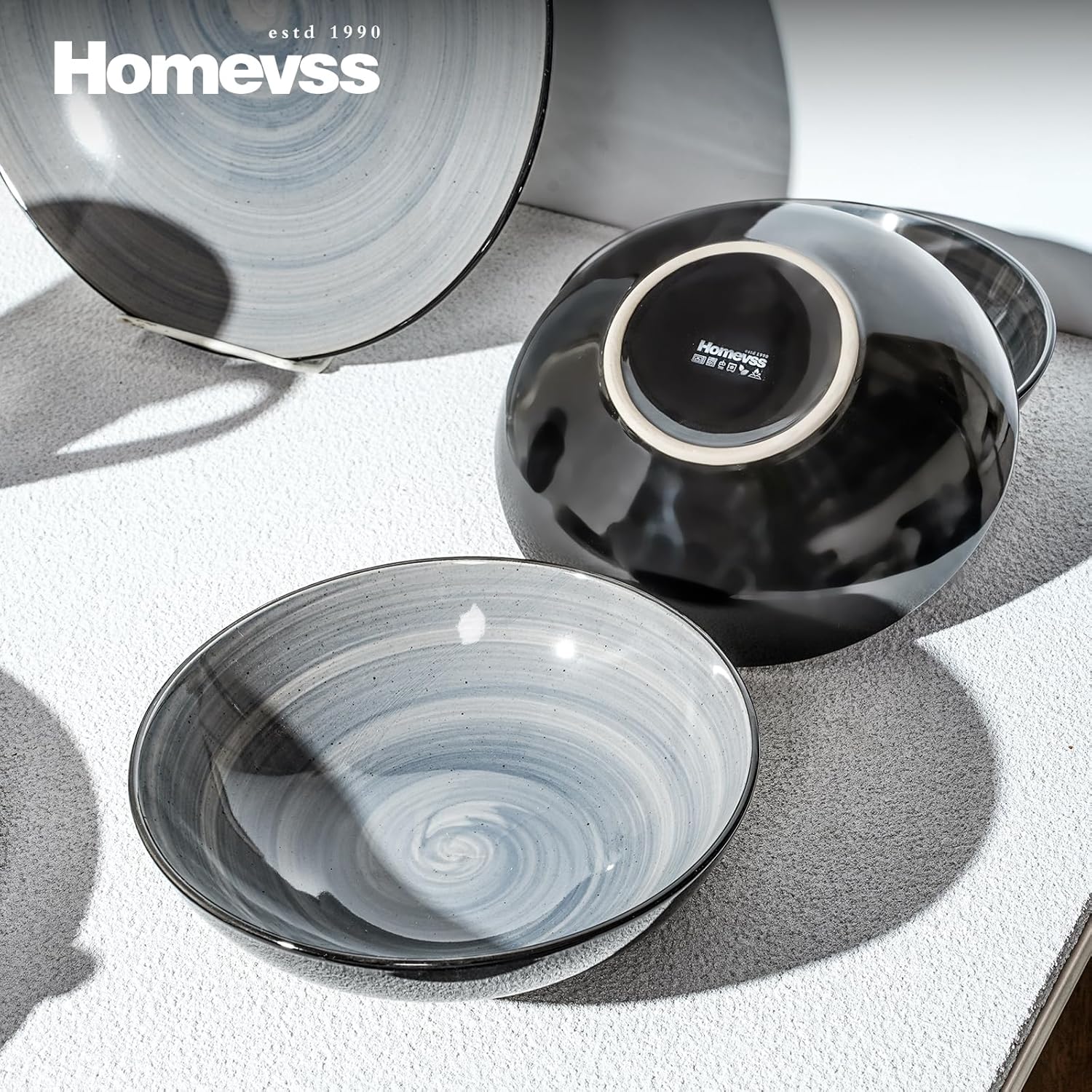 HomeVss, Sonoma Stoneware Dinnerware Set, Outside Black + Inside Hand Painting Color (16pc Set, Grey)