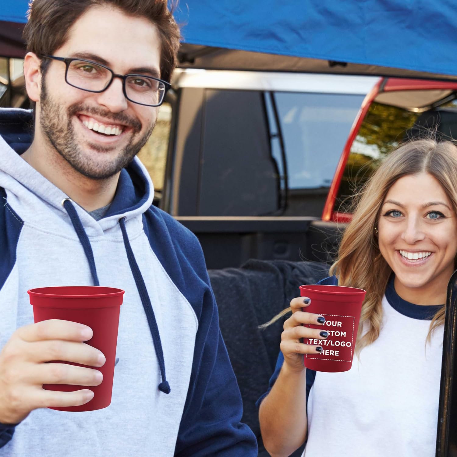 DISCOUNT PROMOS Custom Plastic Stadium Cups 16 oz. Set of 10/50/100, Personalized Bulk Pack - Perfect for Birthdays, Weddings, Picnic, Beach