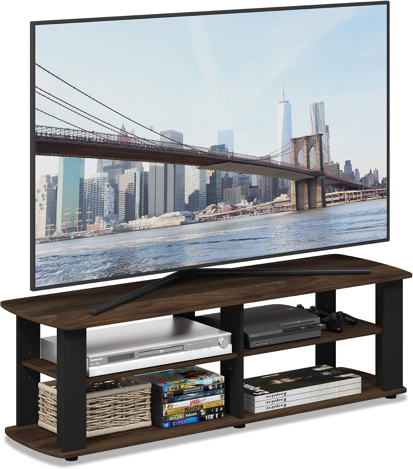 Furinno Nelly TV Stand, 3-Tier Entertainment Center with Open Shelves Storage, TV Console for TV up to 55 Inch, Soft Edges, for Living Room, Bedroom, Black