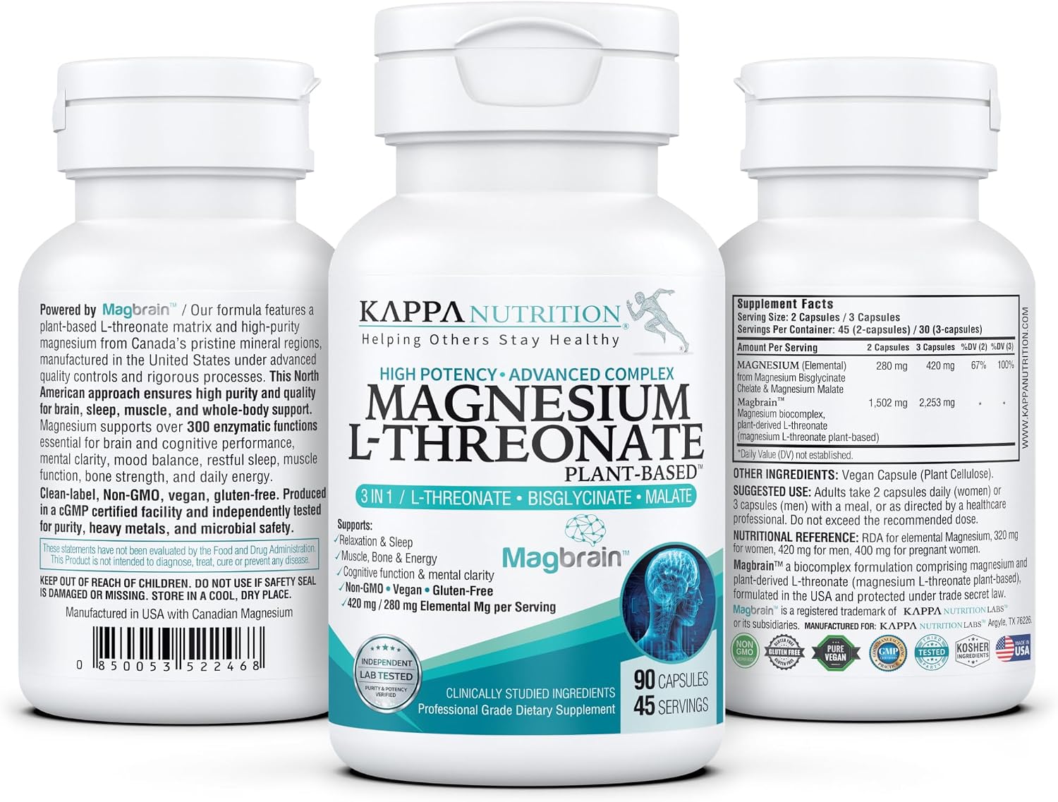 Kappa Nutrition Powered by Magbrain™ Magnesium L-Threonate Plant-Based, 420mg Elemental Magnesium (3 Capsules) from 2, 253mg, 120 Vegan Capsules