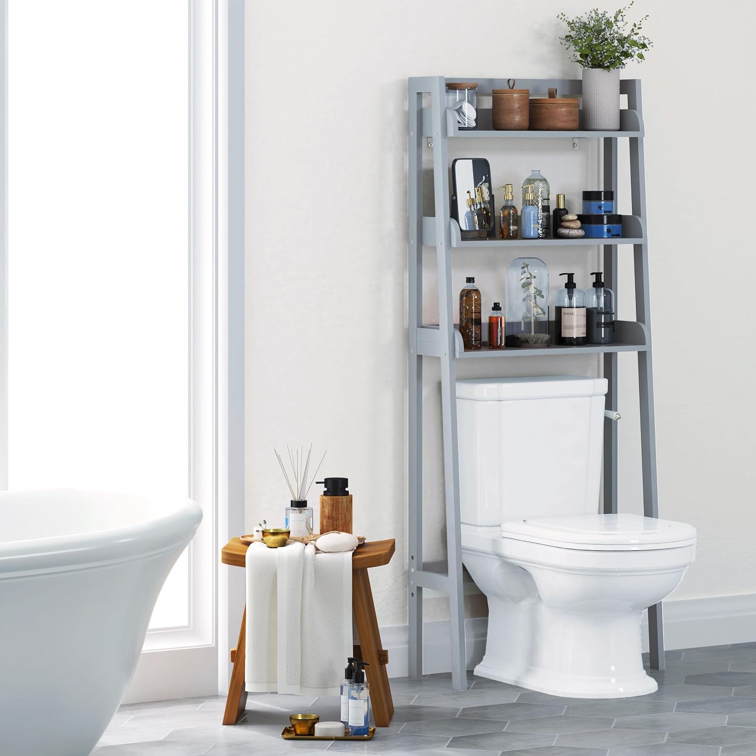 UTEX Over The Toilet Storage Shelf, 3-Tier Bathroom Organizer, White | FSC-Certified MDF, Open Ladder Design, Adjustable Lower Crossbar, Anti-tip Hardware, 33-Inch Clearance, Raised Side Guards