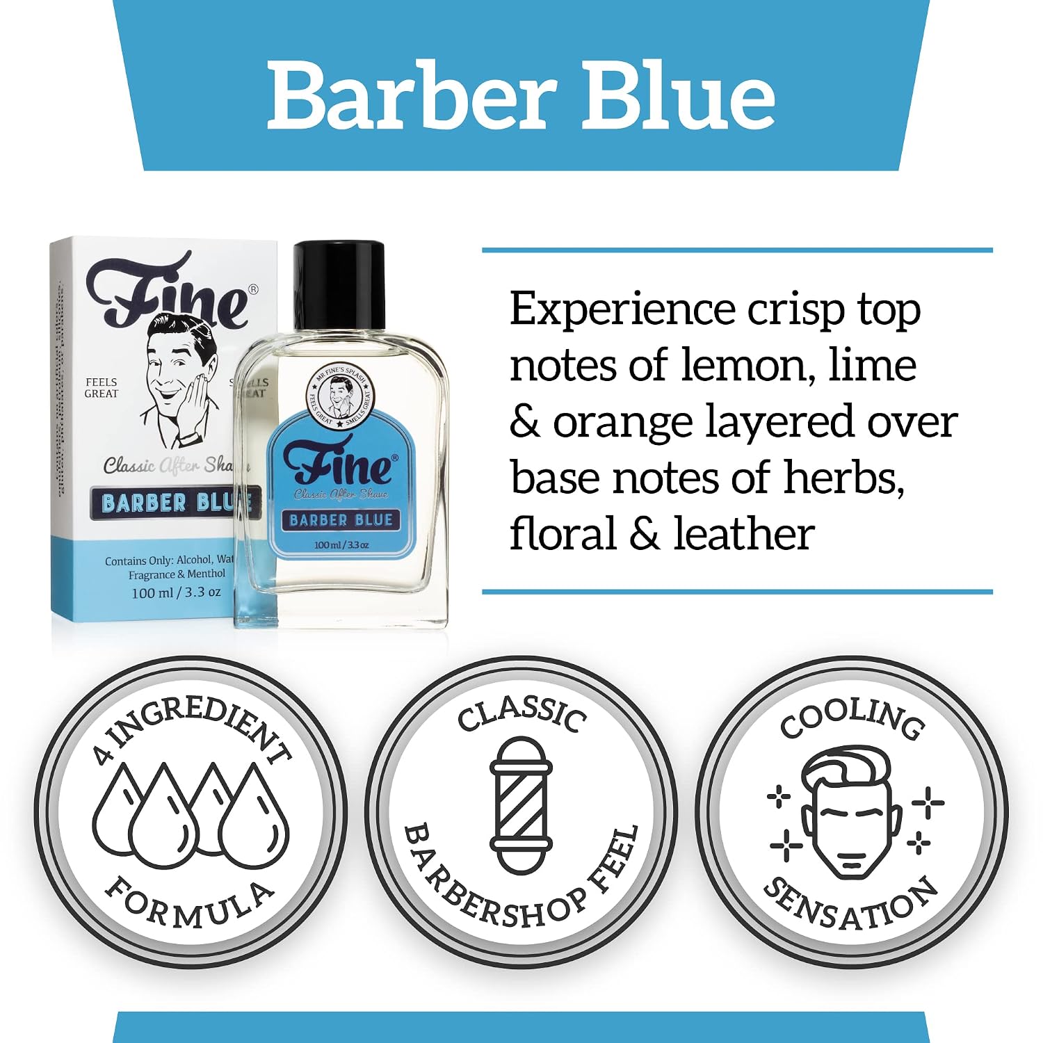 Fine Italian Citrus Classic Aftershave for Men, Made in USA, Four Simple Ingredients, Cooling MentholSplash, Inspired by a 1916 Mediterranean Classic, Bergamot Neroli Petitgrain Scent, 100ml