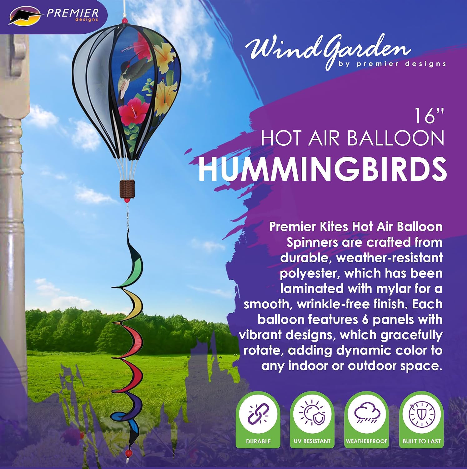 Hot Air Balloon Hanging Garden Spinner 16" - Vibrant Patriotic Design, Weather-Resistant Outdoor Decor, Durable & Lightweight for Patios, Yards, and Gardens - Eye-Catching Wind Spinner