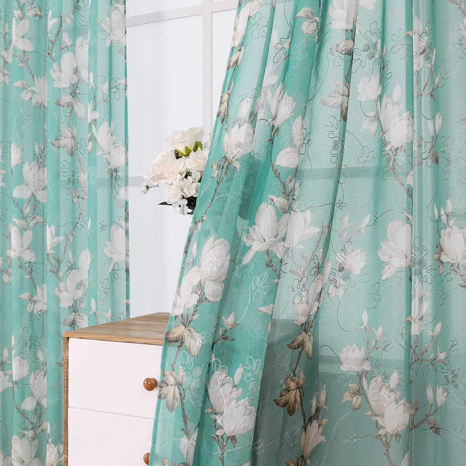Tollpiz Floral Grey Sheer Curtain Flower Print Vine Embroidery Bedroom Curtains Rod Pocket Voile Window Curtain for Living Room, 54 x 84 inches Long