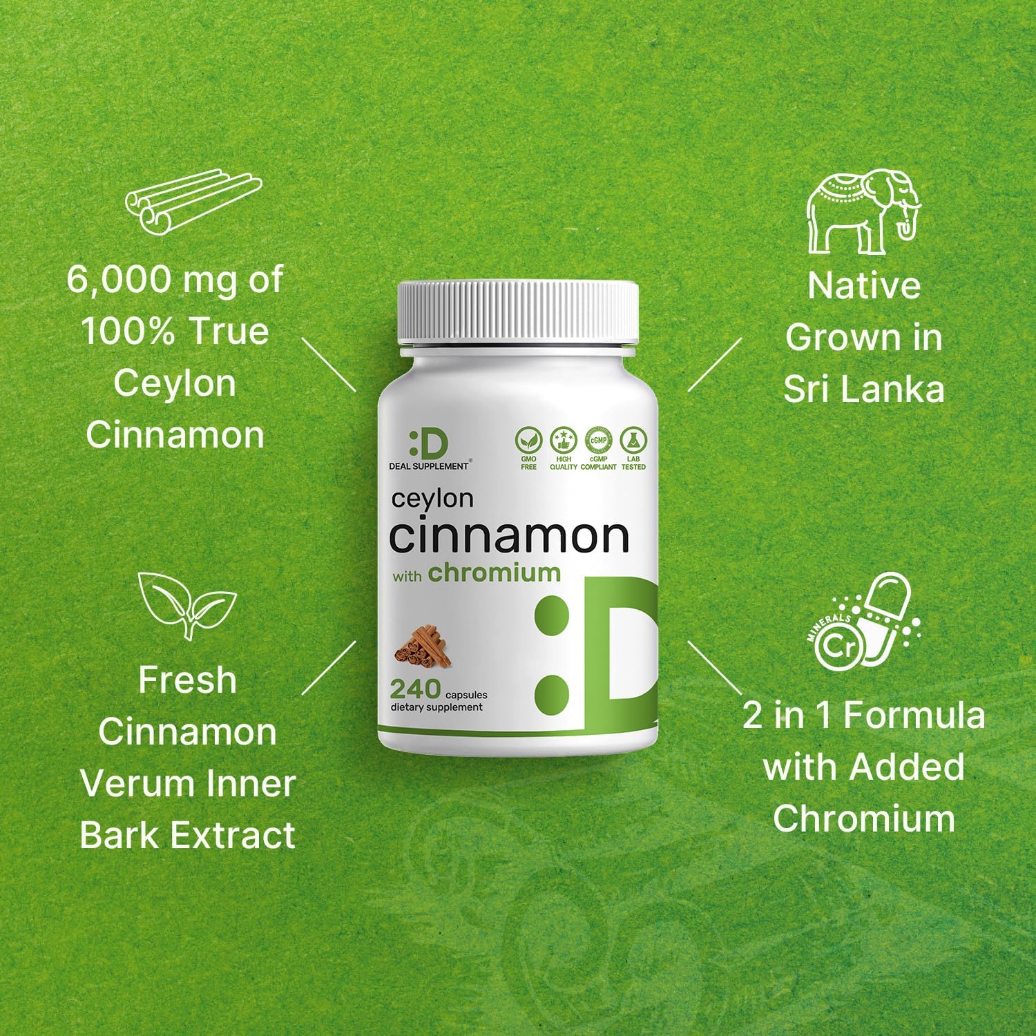 Ceylon Cinnamon with Chromium 1000mcg, 240 Capsules | Active Inner Bark Extract, True Sri Lanka Source | Natural Cinnamon Supplements