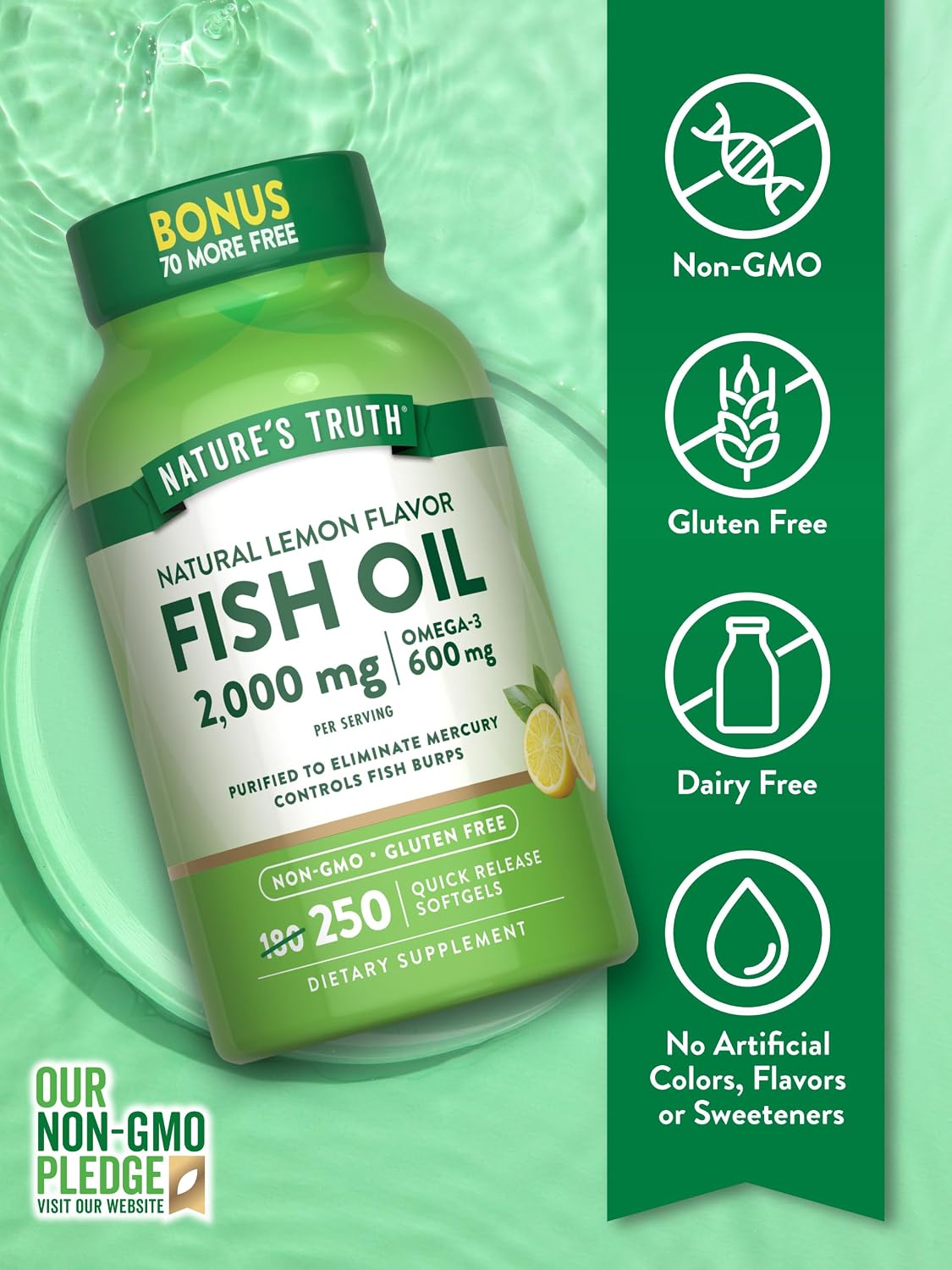 Nature's Truth Fish Oil 2000 mg | 600 mg Omega 3 | 250 Softgels | Natural Lemon Flavor | Non-GMO and Gluten Free Supplement | Natural Lemon Flavor