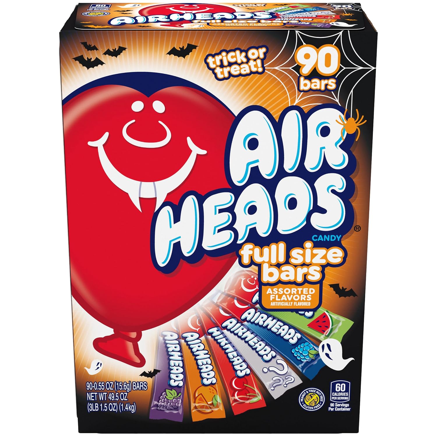 Airheads Full-Size Candy Bars, Assorted Taffy Variety Pack, 60 Count Box | Individually Wrapped Bulk Candy, Six Assorted Fruit Flavors, Artificially Flavored