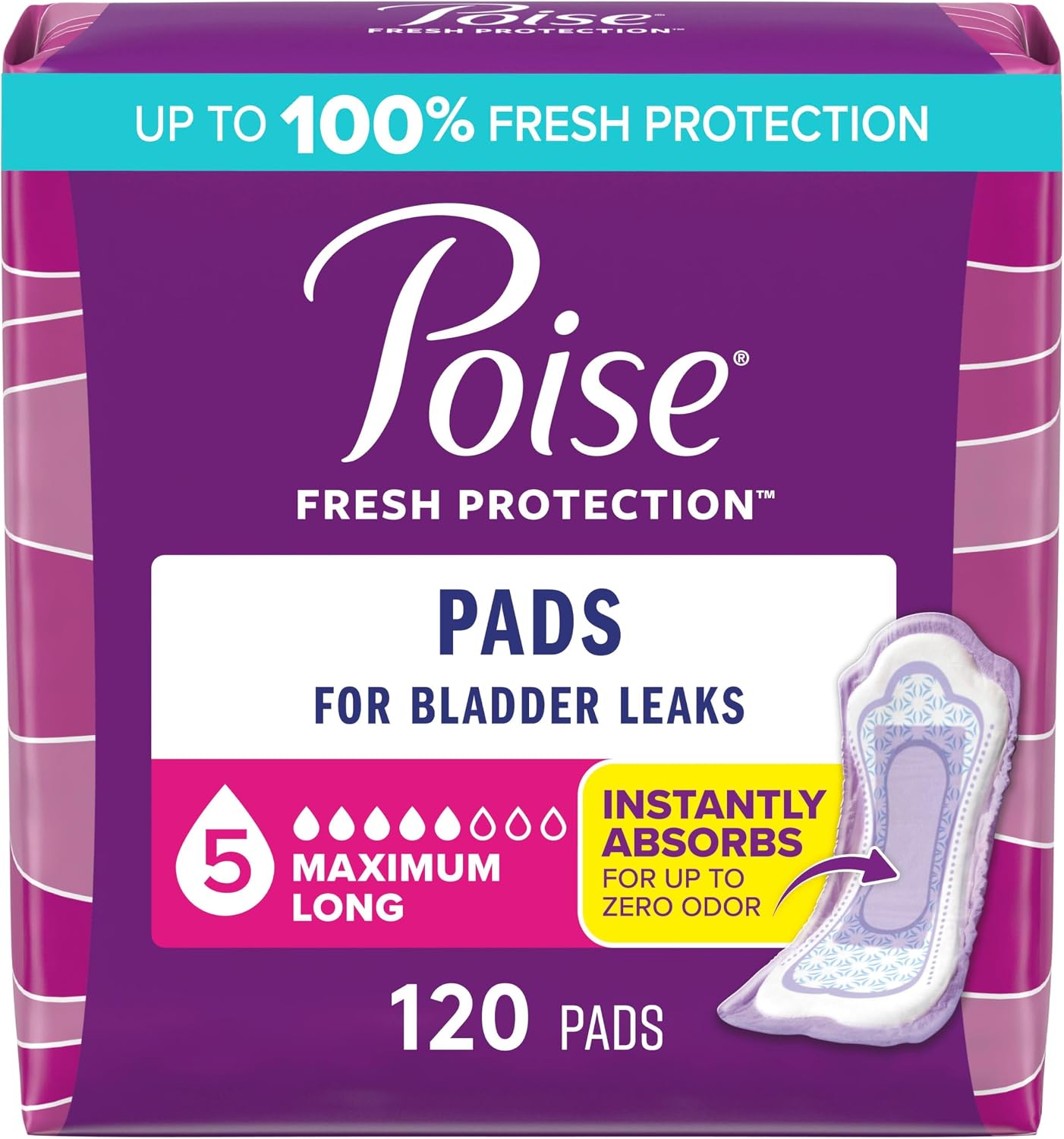 Poise Incontinence & Postpartum Pads for Bladder Leaks, 5 Drop Maximum Absorbency, Regular Length, 96 Count, Packaging May Vary