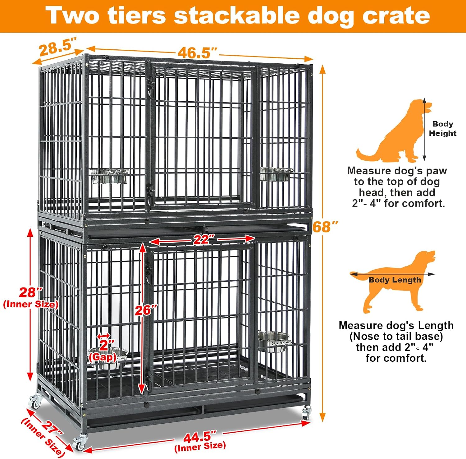 Homey Pet Taller 43" Heavy Duty Double Dog Crates with Divider & Dual Door | Drop Cage for Dogs with Lockable Wheels, Bowls, Removable Tray, Top Access, Ideal for Small to Medium & Large Dogs, Breeders
