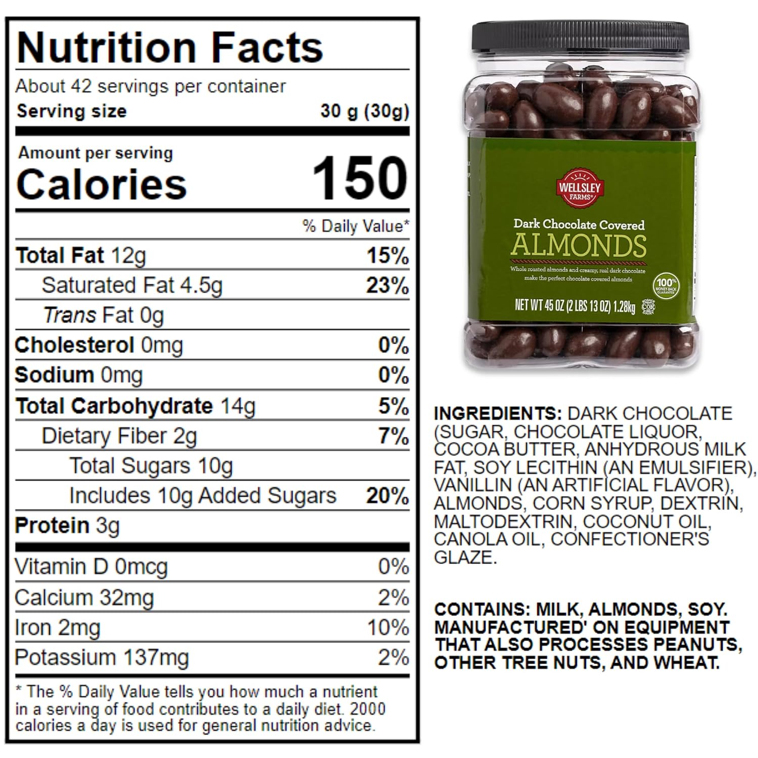 Wellsley Farms Dark Chocolate Covered Almonds – 2lbs 13oz | Whole Roasted Almonds with Real Creamy Dark Chocolate | Kosher, Gluten-Free Snack