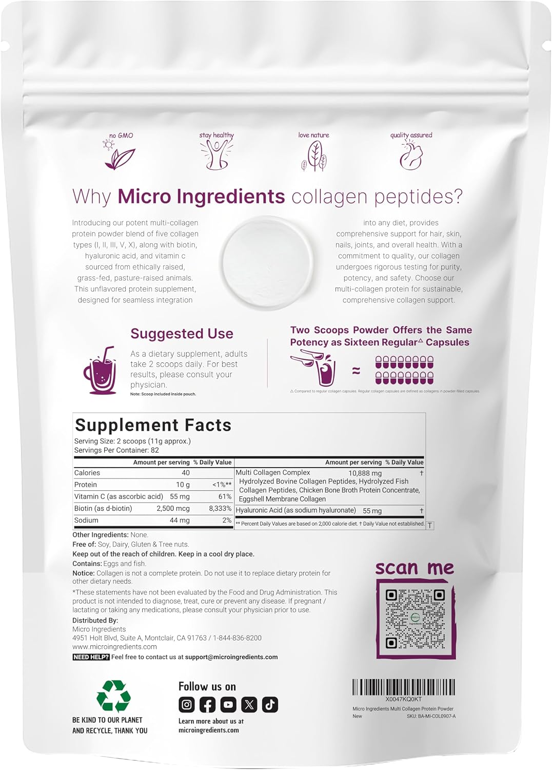 Micro Ingredients Multi Collagen Peptides Powder, 2lb (82 Servings) | Hydrolyzed Type I, II, III, V, X with Biotin, Hyaluronic Acid & Vitamin C. Unflavored Collagen for Women & Men, Easy Dissolve