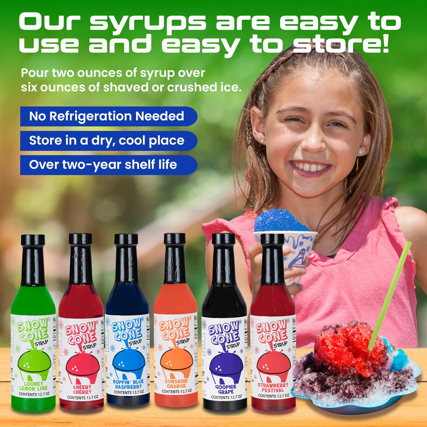 12.7oz Snow Cone Syrups (6 Pack w/Cups and Straws)