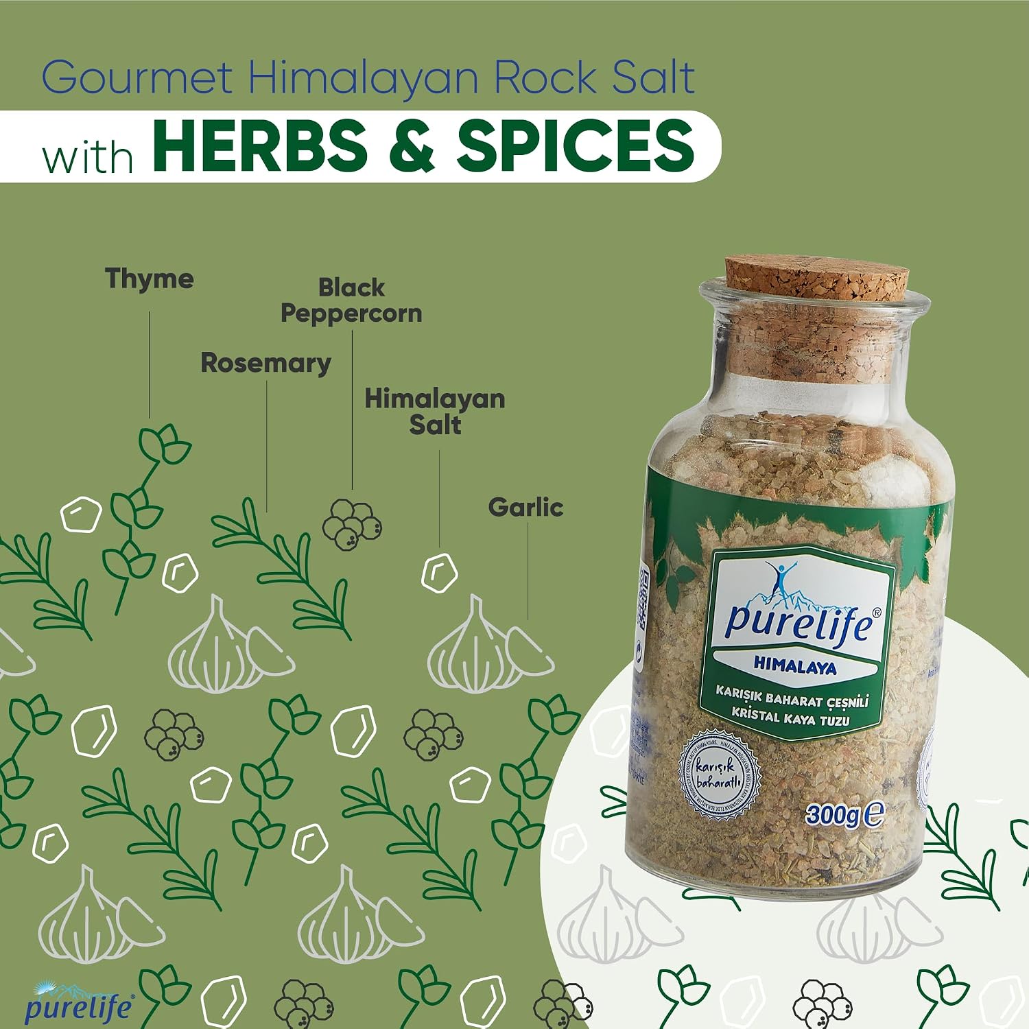 Purelife Himalayan Rock Salt with Mixed Herbs & Spices – Gourmet Kosher Natural Crystal Blend with Minerals in Glass Bottle with Ceramic Mill