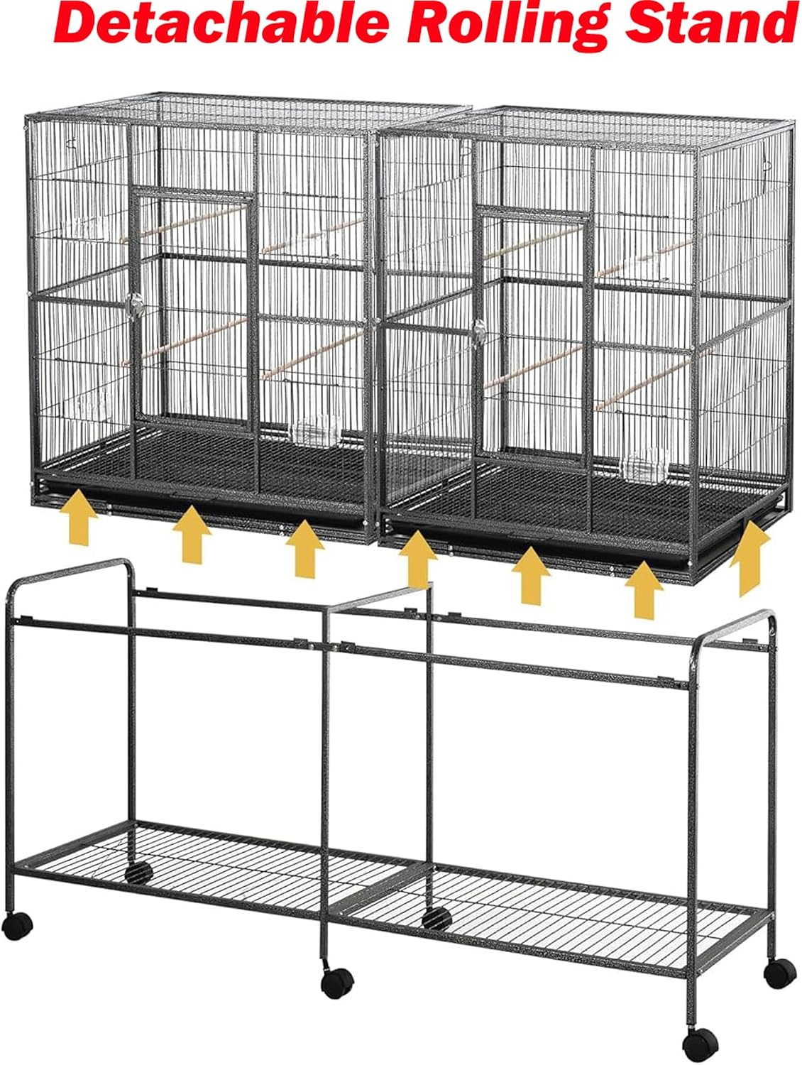 64" Extra Large Double Flight Bird Wrought Iron Double Cage Slide Out Center Divider Side Nesting Box Door Parrot Cage Cockatiel Conure with Removable Rolling Stand Storage Shelf