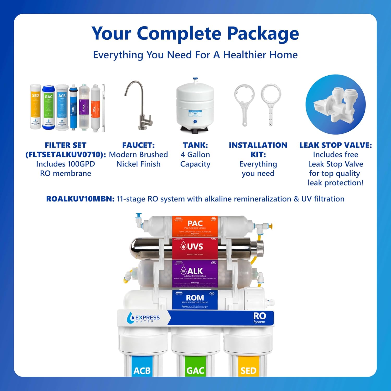 Express Water ROALK5D, 10-Stage Under Sink RO System, Alkaline, 50 GPD | NSF Certified 372, Deluxe Chrome Facuet, Reduces 99% of Impurities, BPA Free, Leak Detection