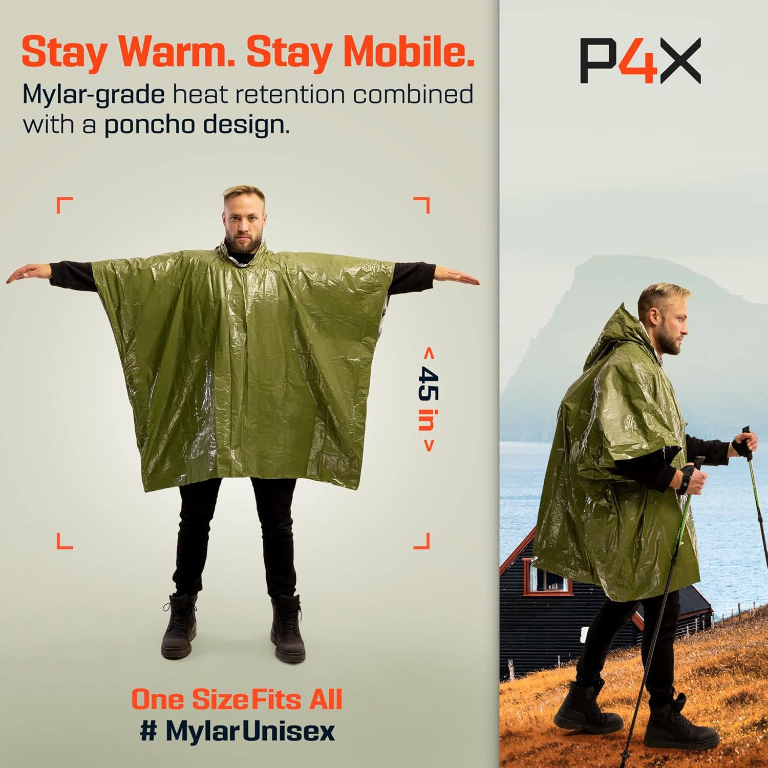 PREPARED4X Emergency Mylar Poncho – Survival Rain Poncho with Hood – Lightweight, Compact, Reusable Emergency Blanket Poncho for Hiking, Camping
