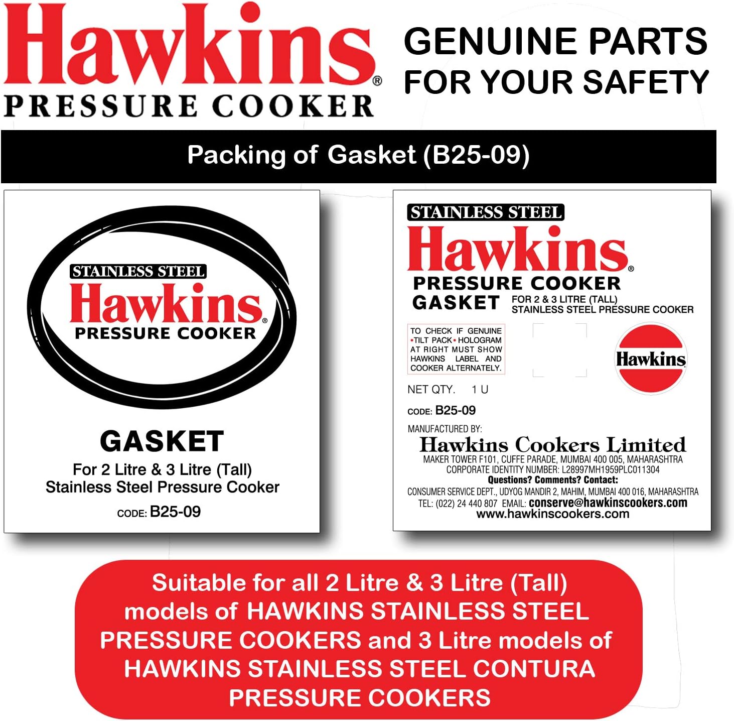 Hawkins Gasket Rubber for Stainless Steel Pressure Cooker - 2-3L Tall size (Black), SS Contura 3L