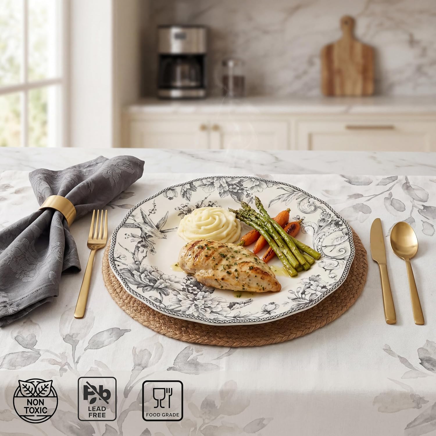 222 Fifth Adelaide 16-Piece Black Porcelain Dinnerware Set – Service for 4, Featuring Hand-Applied Romantic Woodland Bird Design