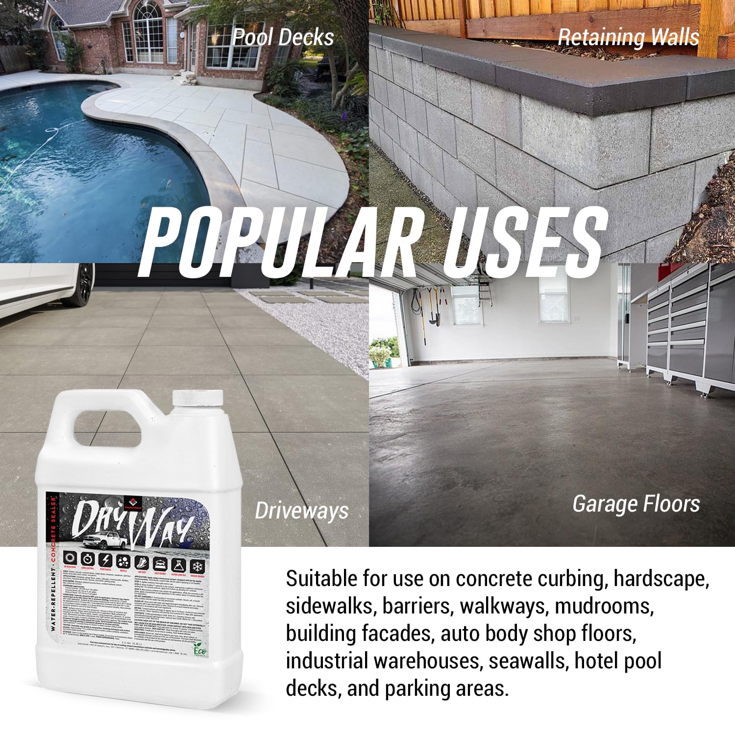 DryWay Silane Siloxane Penetrating Concrete Driveway Sealer, Natural Finish | Breathable Water-Repellent Concrete Sealer for Brick, Pavers, Patios, Pool Decks & Outdoor Concrete - Non-Film Forming