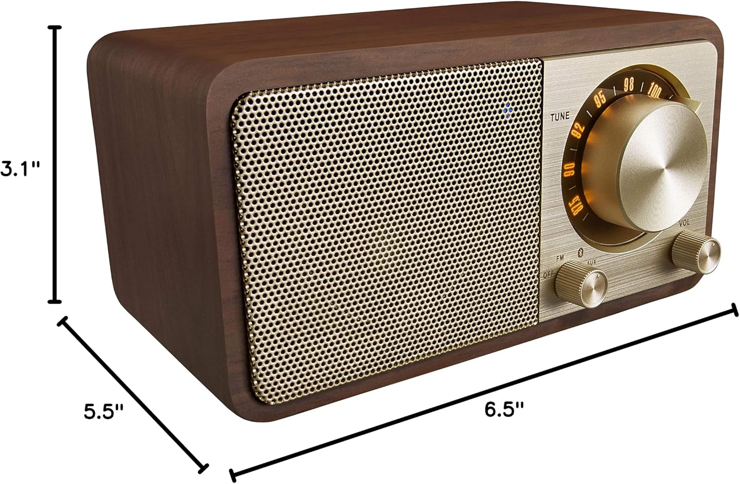 Sangean WR-7GW Wood Cabinet Mini Bluetooth Speaker with FM Tuner and Aux-in Special Edition Color Gold/Walnut