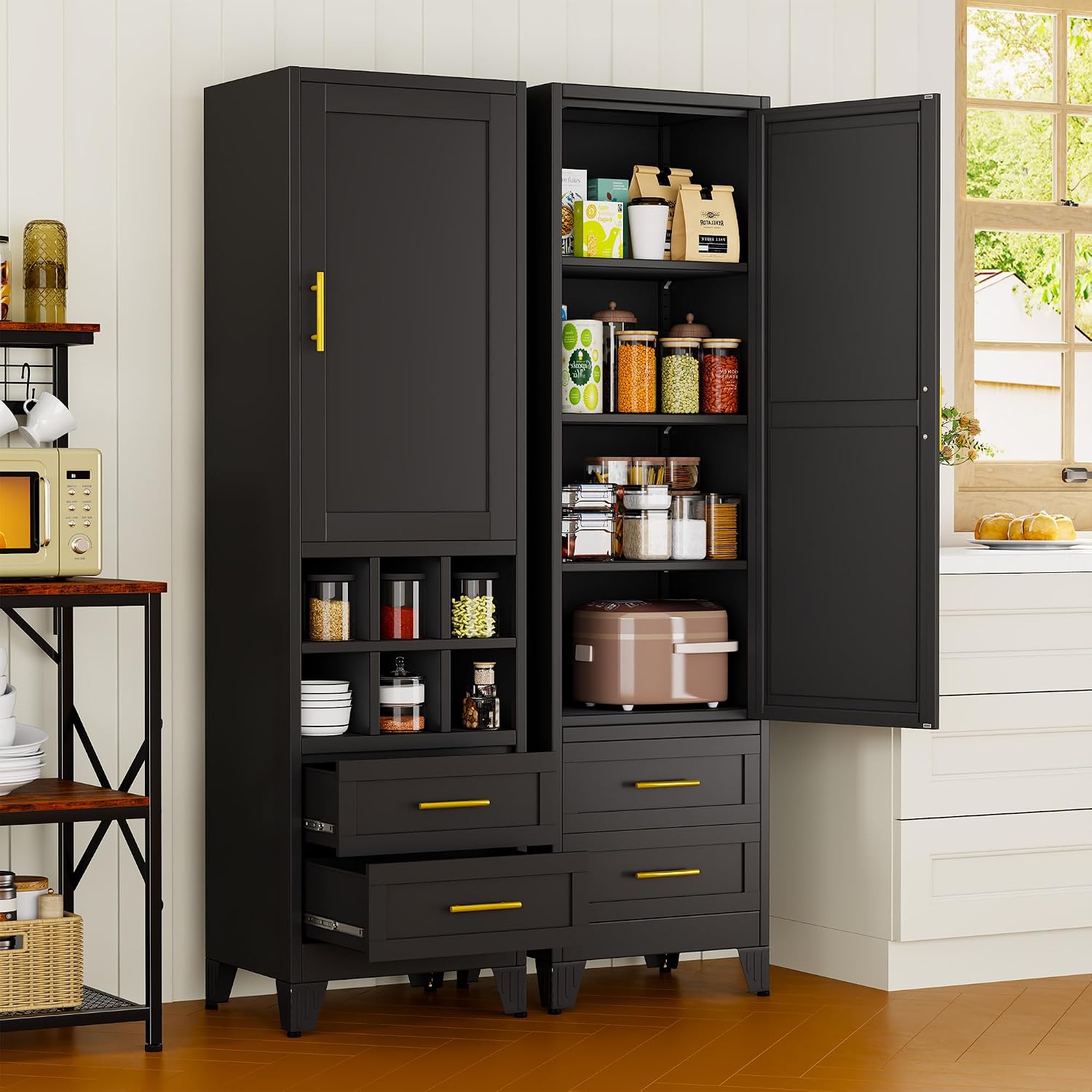 pozdeg 67" Tall Narrow White Metal Storage Cabinet | 2 Doors, 4 Adjustable Shelves, Freestanding Slim Pantry Organizer for Bathroom Kitchen Living Room