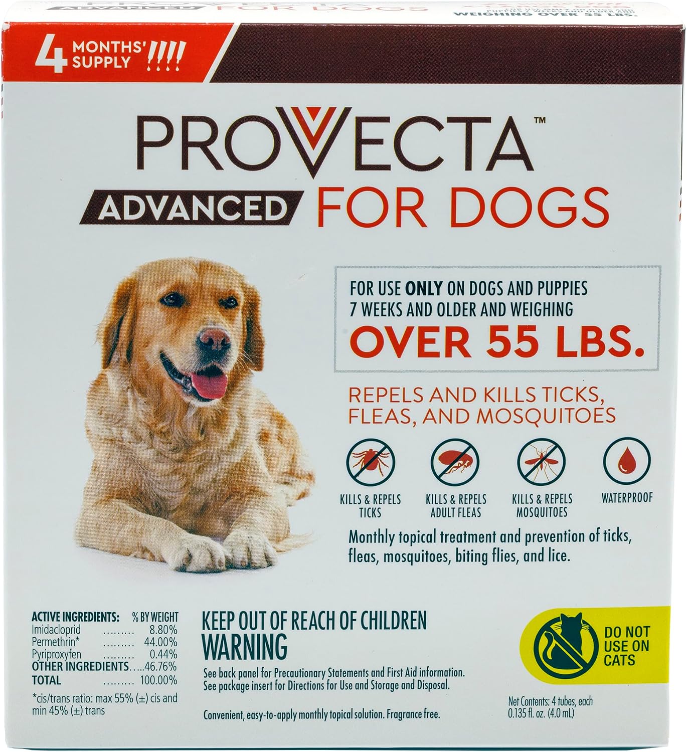 Provecta® Advanced for Extra Large Dogs (Over 55 lbs) Flea and Tick Topical Treatment, 4-Month Supply