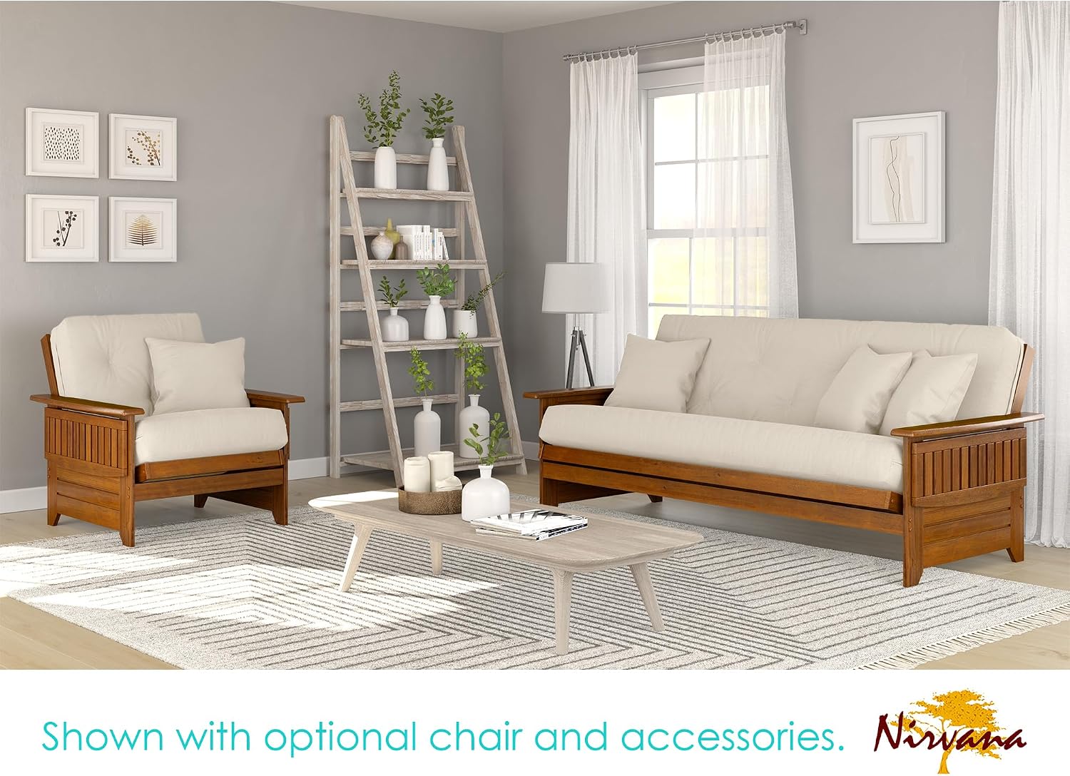Brentwood Tray Arm Futon Sofabed Set - Queen Frame, 8" Microfiber Fudge Mattress, Heritage Finish