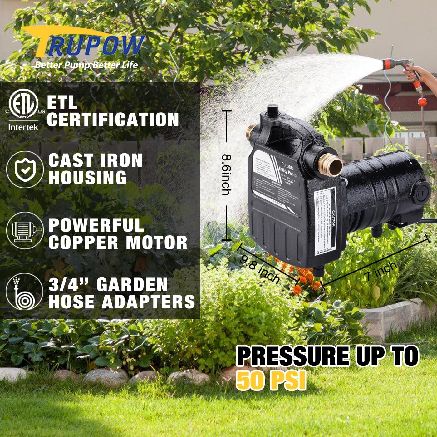Water Transfer Pump, 115V 1/10HP 330GPH Electric Utility Water Pump with 6ft Water Hose Kit, Portable Small Water Pump For Pool Draining, Removing Water From Rain Barrel, Aquariums, etc.