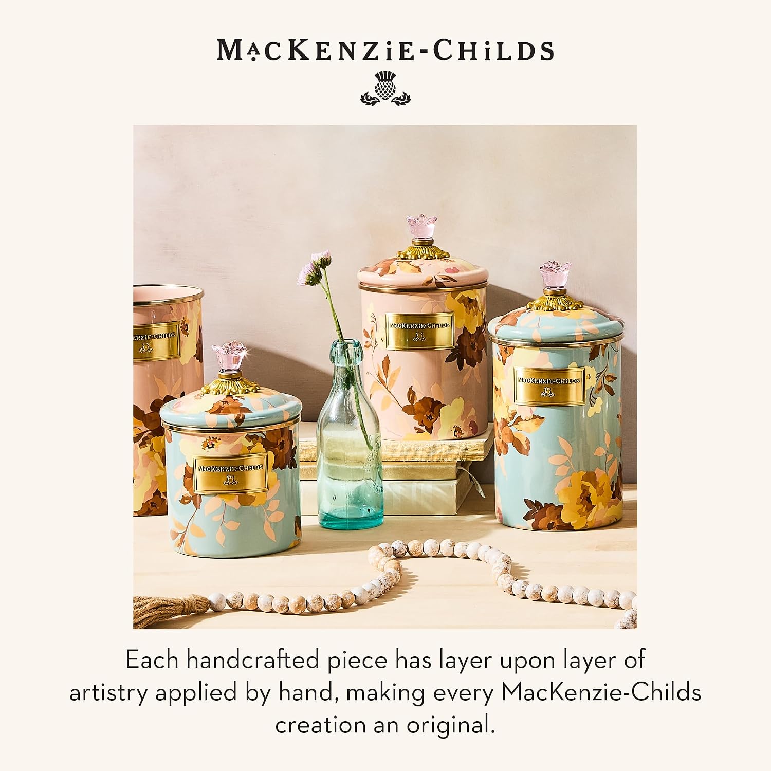 MACKENZIE-CHILDS Enamel Canister, Small, Wild Rose Brown | Hand-applied design, made from enameled steel, versatile kitchen storage container for flour and sugar, 38-ounce capacity