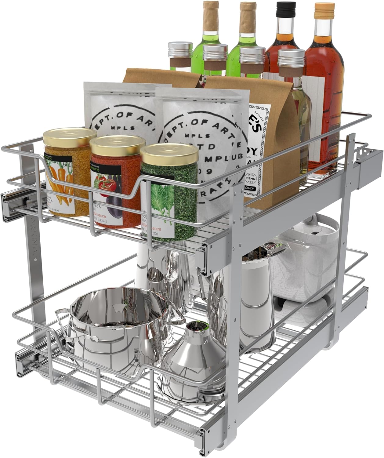2 Tier Pull Out Cabinet Organizer 11" W X 22" D, Chromed, Full Slide Out