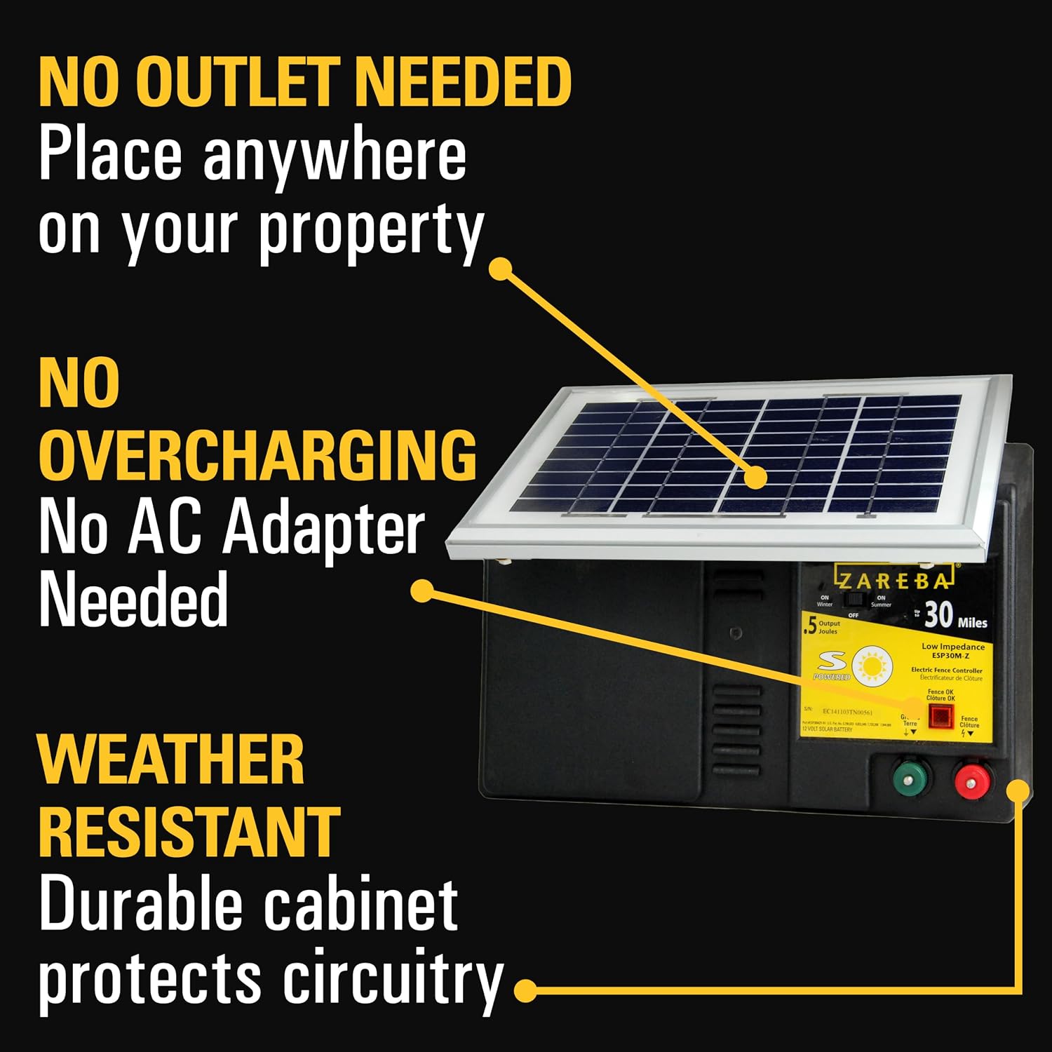 Zareba ESP30M-Z 30-Mile Solar-Powered Low-Impedance Electric Fence Charger