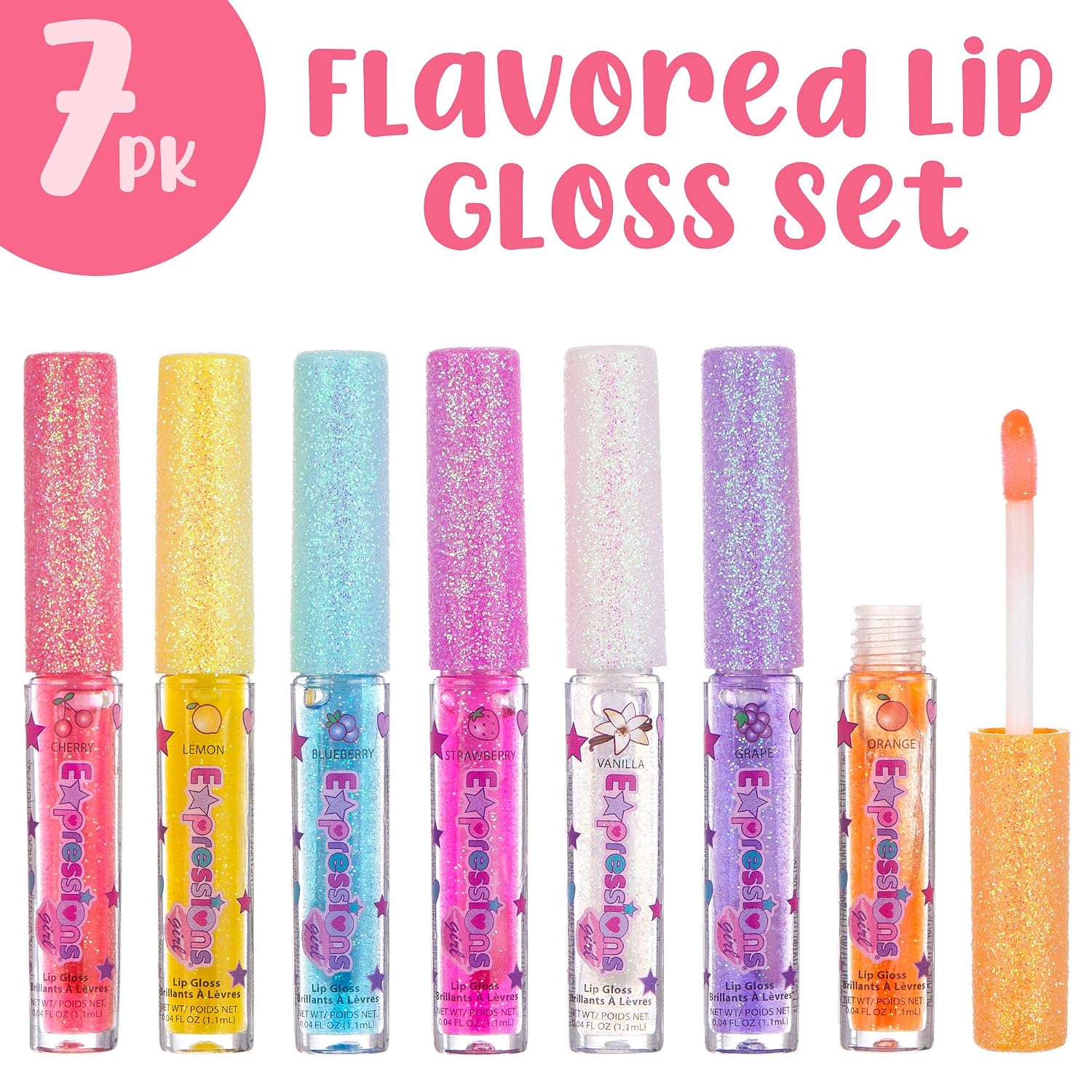 7pc Fruity Flavored Lip Gloss Set - Assorted Fruit Flavor-Great Gift | Non-Toxic Kids Makeup. Fun Shiny Lip Gloss Collection for Kids, Teens & Girls - Sweet & Glossy Lip Care