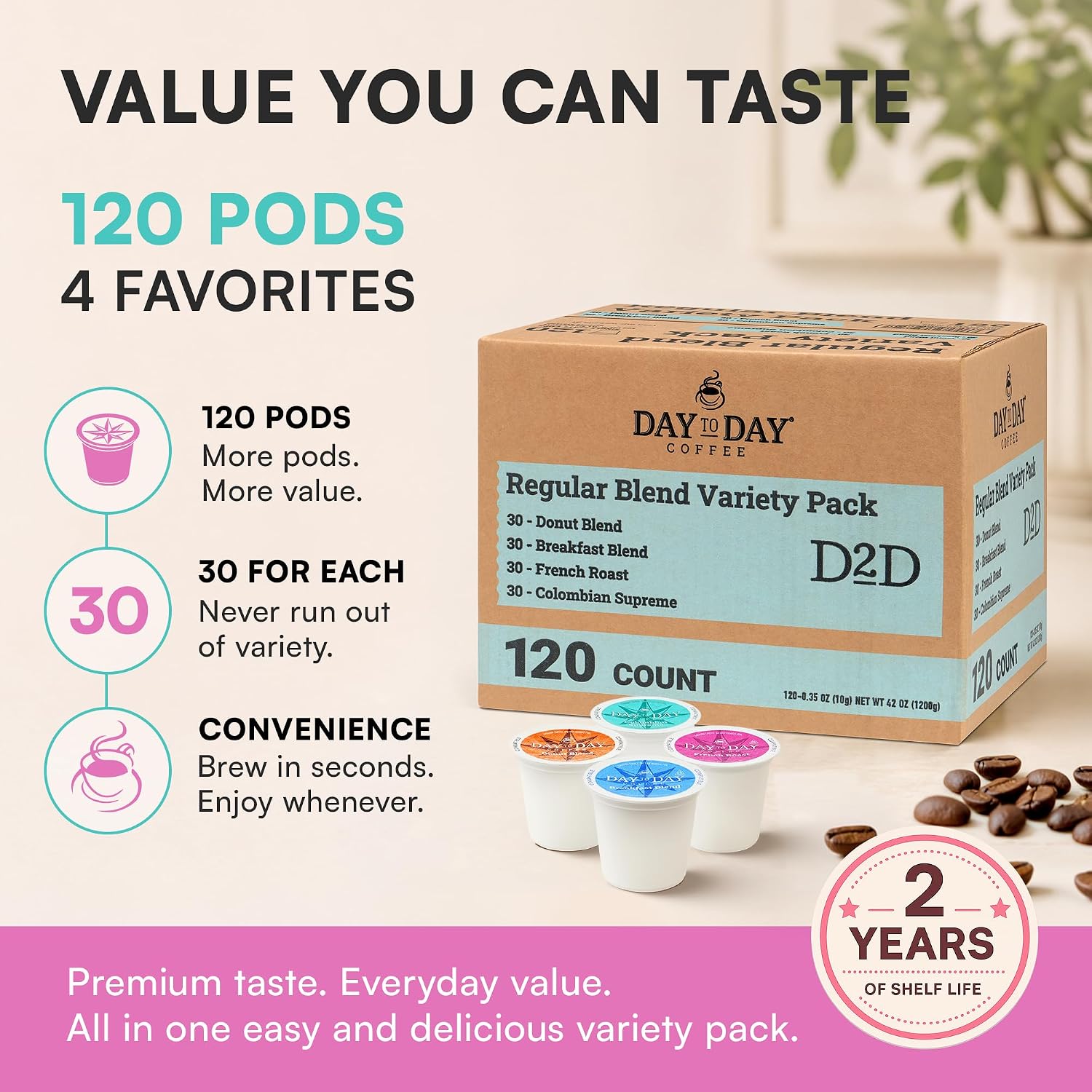 Day To Day Coffee Pods, Breakfast Blend Medium Roast, 120 Count K-Cup | Compatible with Keurig K-Cup brewers. Bulk single serve pods for everyday morning coffee at home, office or breakroom