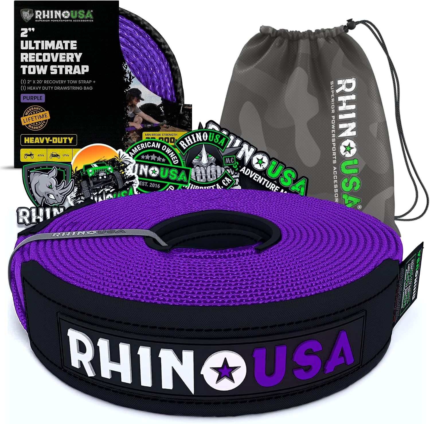 Rhino USA Recovery Tow Strap (3in x 30ft) - 31,518lb Heavy Duty Towing | 31,518lb Break Strength Emergency Tow Strap, Extended 30ft Length. For Truck, UTV, ATV & Jeep Offroad Recovery. Black
