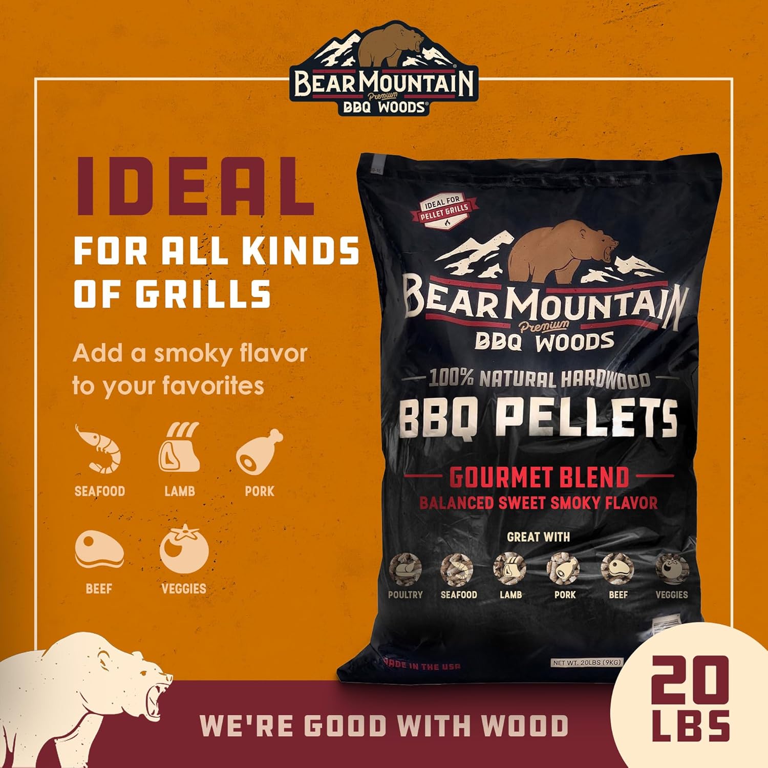 Bear Mountain Gourmet Blend Pellets for Smoker and Grill, 40lb Bag