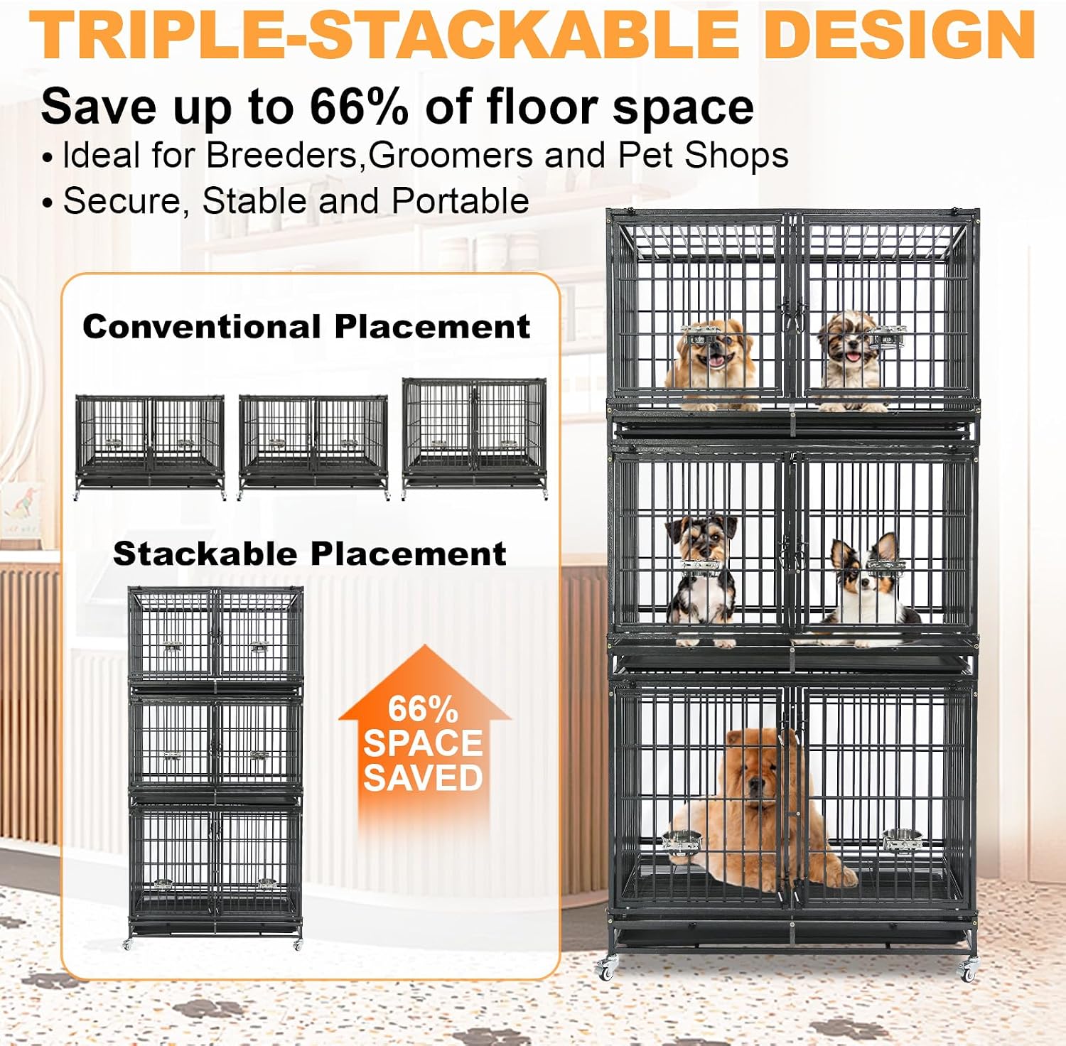 Homey Pet Three Tiers 43 inch Heavy Duty Dog Crate with Wheels, Dual Doors | Stackable Indestructible Steel Dog Cage Kennel Indoor with Divider, Trays, Bowls, Escape Proof Locks for Breeders and More