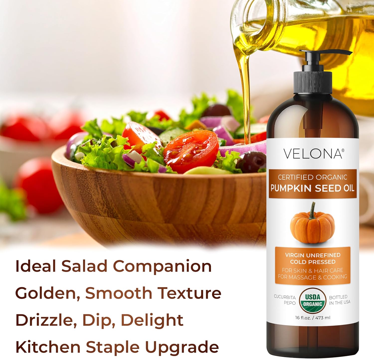 velona USDA Organic Pumpkin Seed Oil - 8 fl oz, Cold Pressed, with Pump