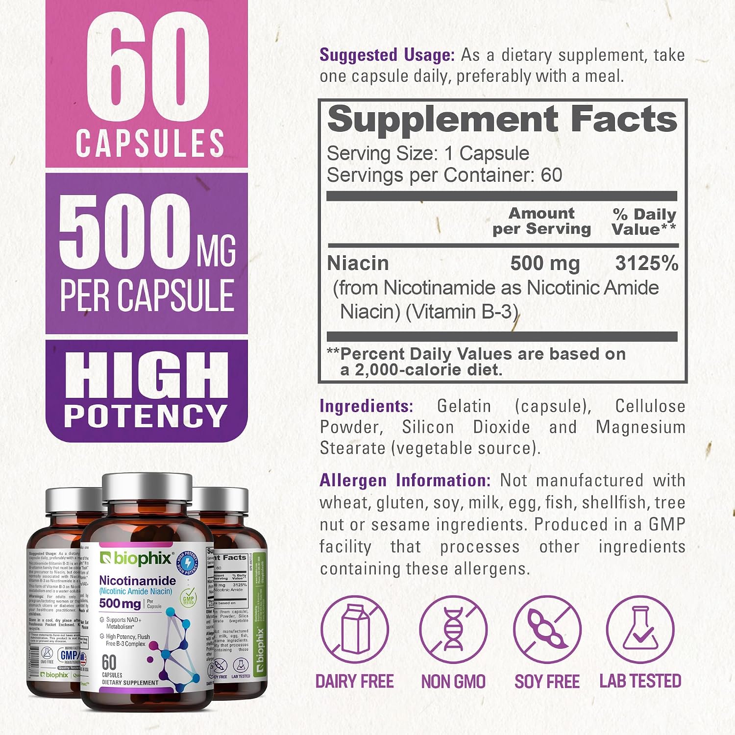 biophix B-3 Nicotinamide 500 mg 180 Caps - Nicotinic Amide Niacin Natural Flush-Free Vitamin Formula - Supports Skin Cell Health