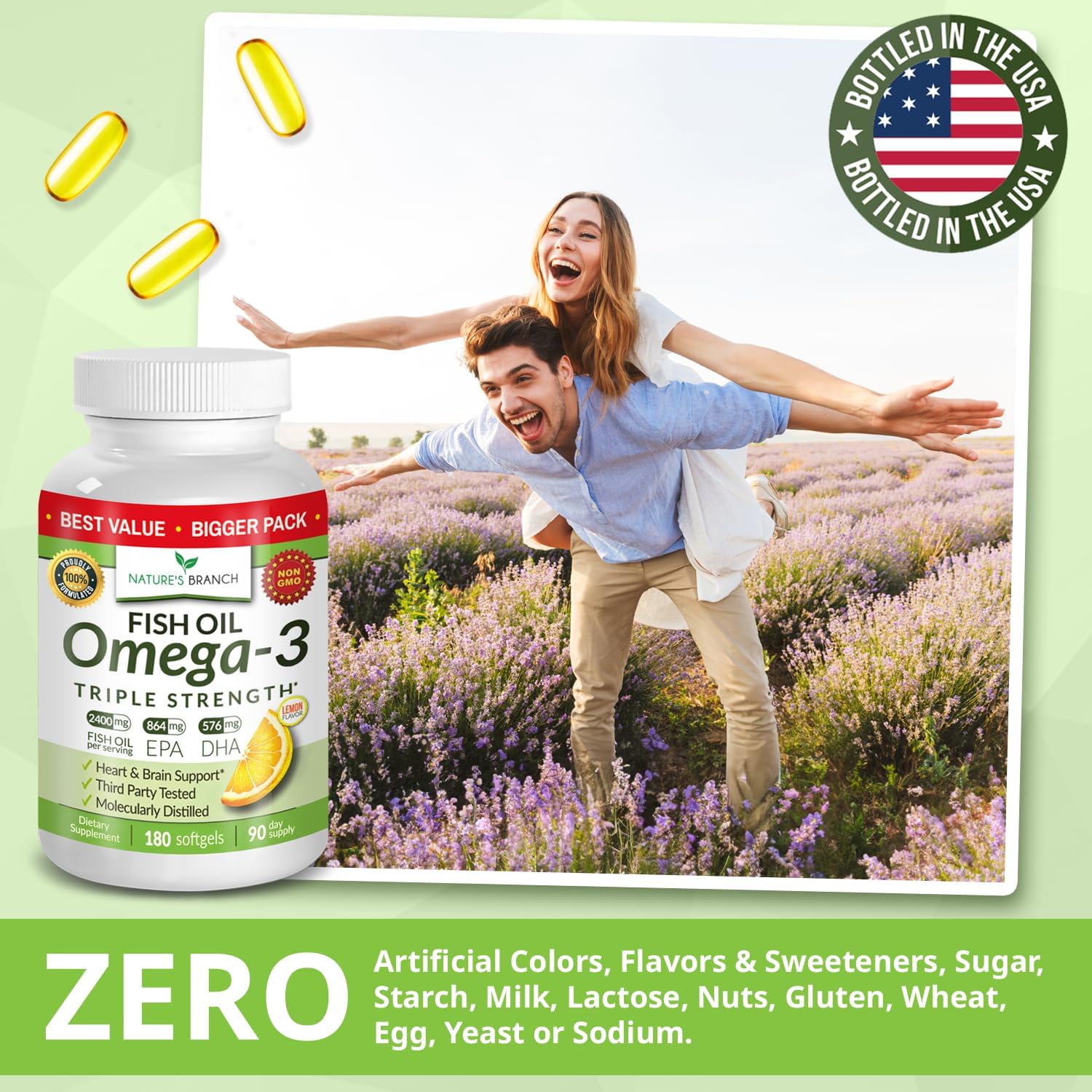 Triple Strength Omega 3 Fish Oil for Heart Health, Brain & Eyes – Burpless | High EPA & DHA Fish Oil for Men & Women, Lemon Flavor, Third Party Tested, Omega 3 Supplements for Joints – 120 Capsules