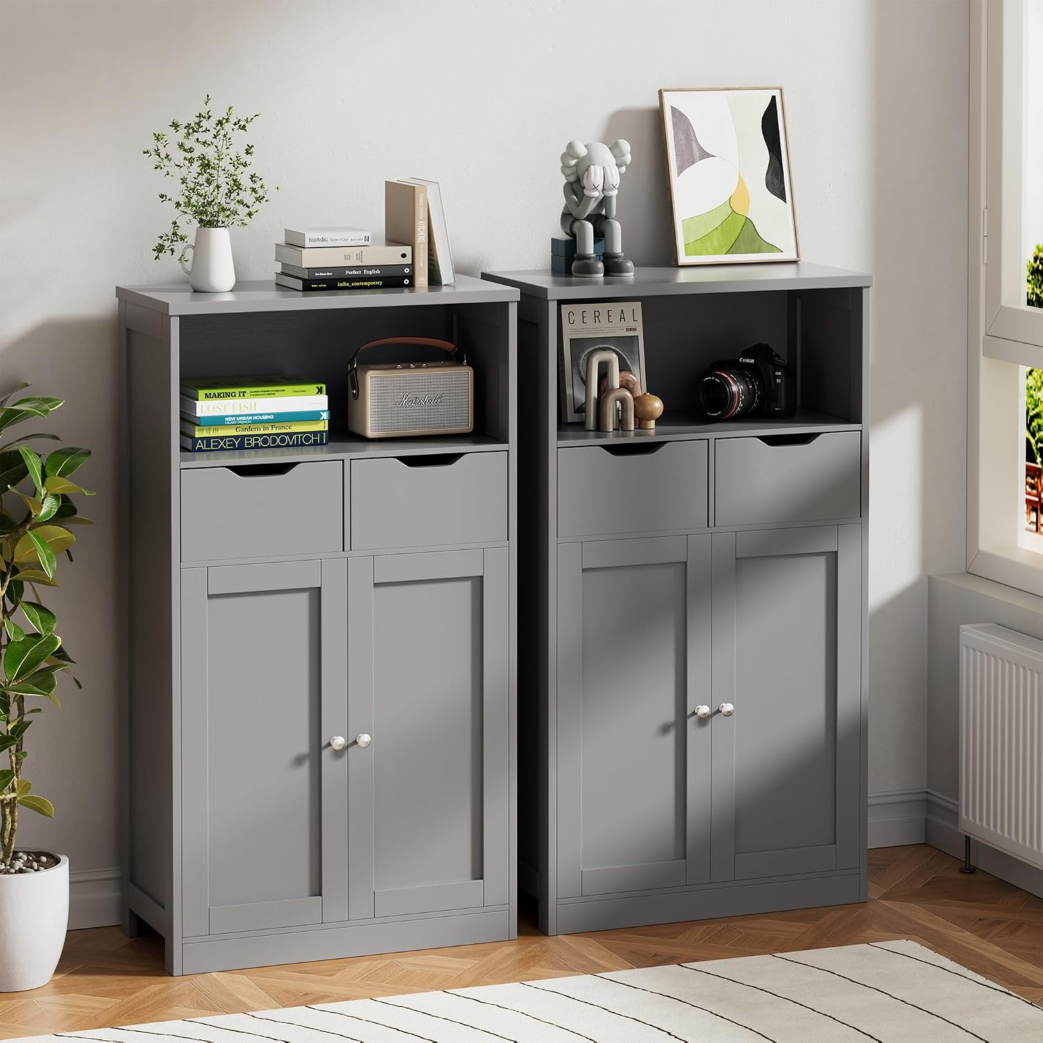 Vongrasig Bathroom Storage Cabinet, 42.5" H Freestanding Floor Cabinet | Wooden Modern Cabinet with 2 Drawers, Open Shelf and Adjustable Shelf for Bathroom, Laundry Room and Entryway, White