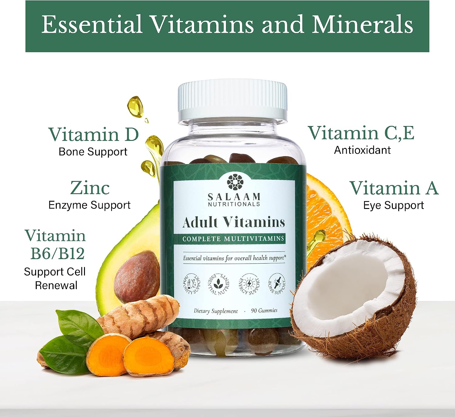 Salaam Nutritionals - Adult Multivitamins, Vitamin Gummies for Women and Men, Multivitamins for Adults with 11 Essential Vitamins and Minerals, 90 Count, 1 Pack.