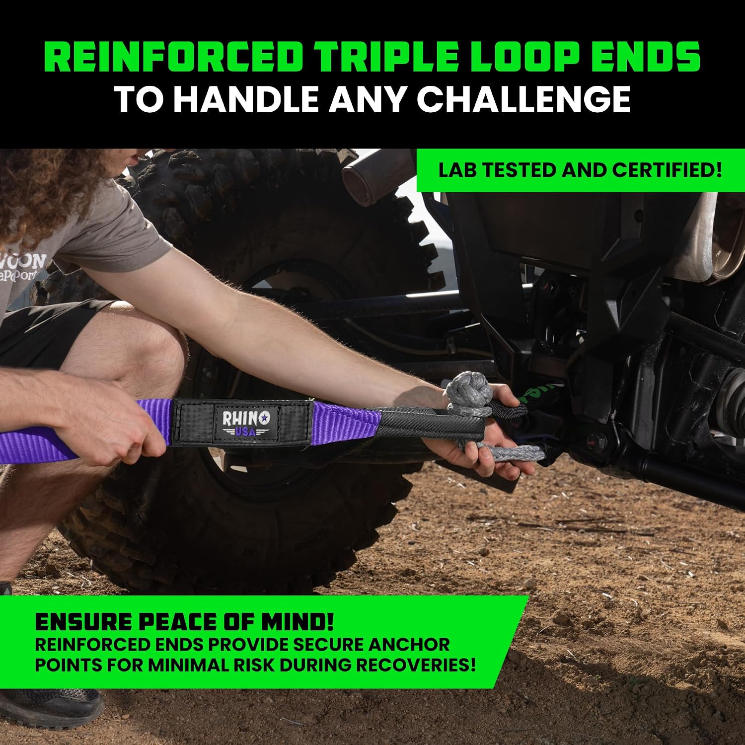Rhino USA Recovery Tow Strap (3in x 30ft) - 31,518lb Heavy Duty Towing | 31,518lb Break Strength Emergency Tow Strap, Extended 30ft Length. For Truck, UTV, ATV & Jeep Offroad Recovery. Black