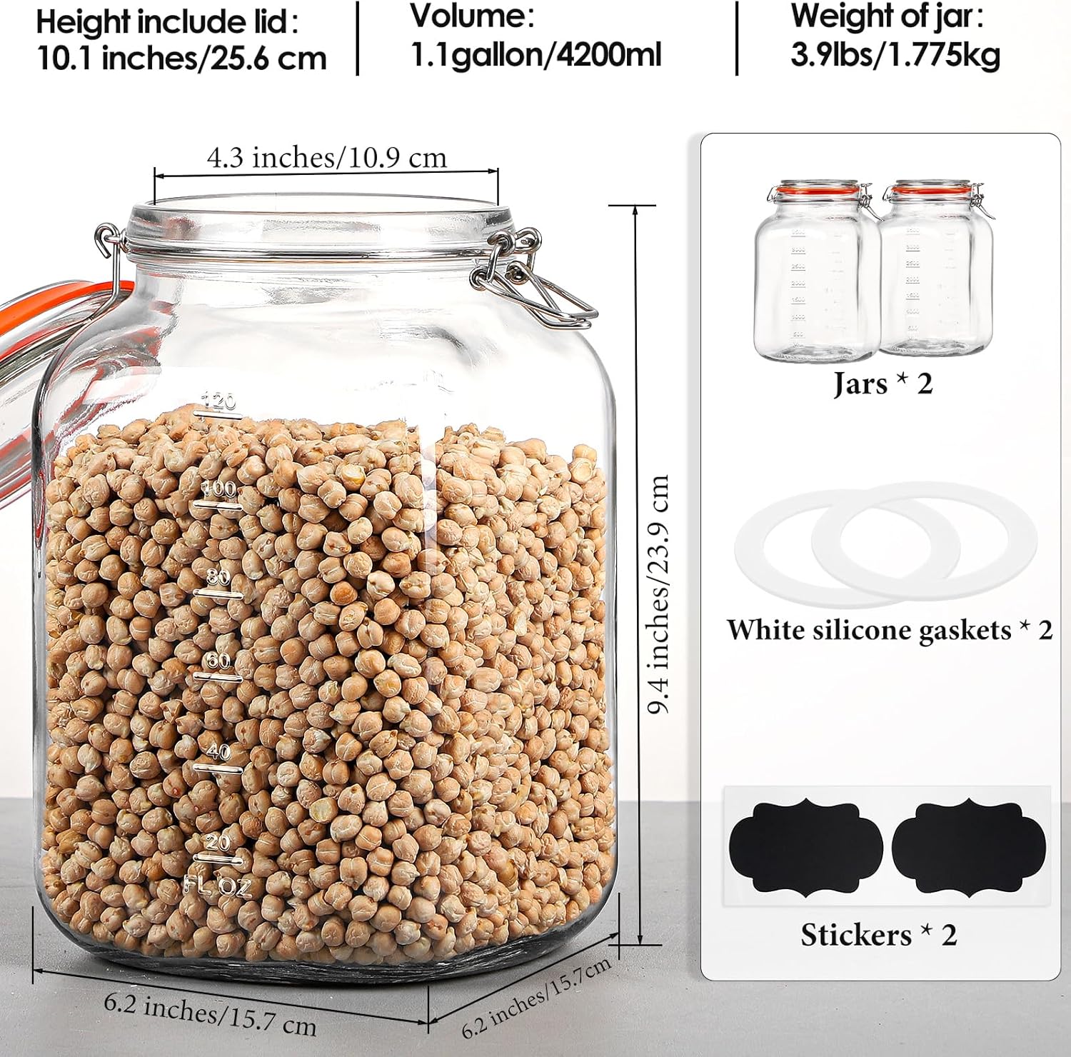Qianfenie 1.1 Gallon Wide Mouth Airtight Glass Storage Containers with Lids
