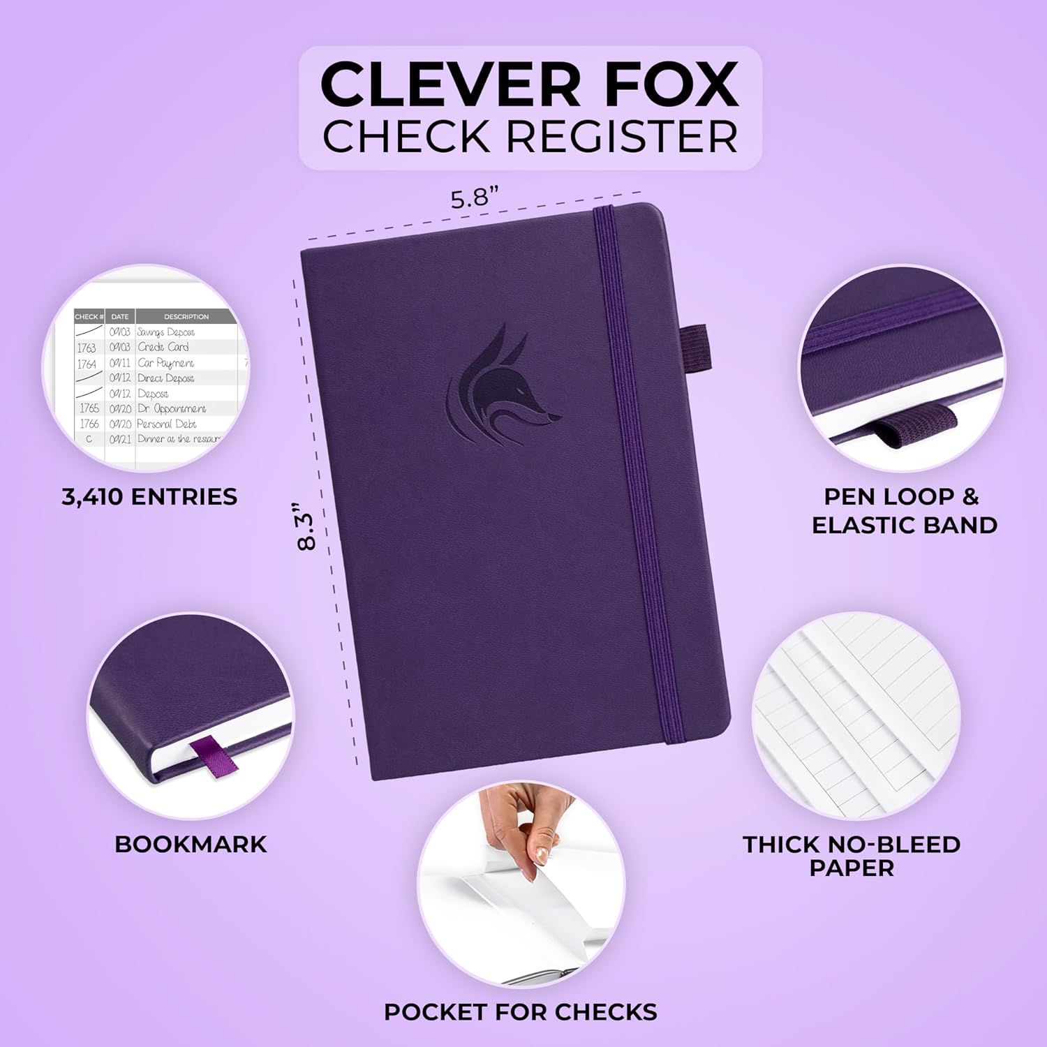 Clever Fox Check Register Book, Checkbook Ledger, 5.8x8.3 Purple