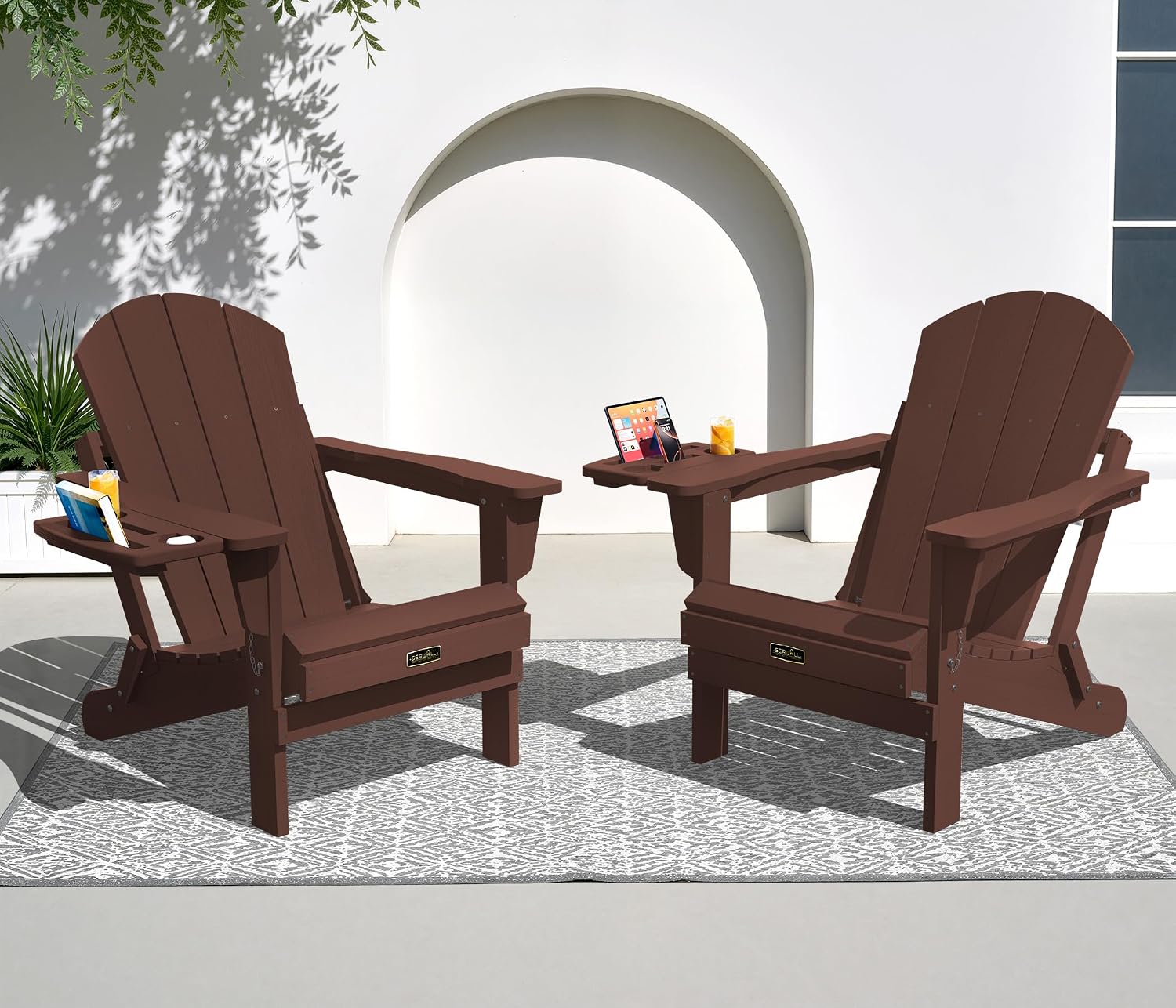 SERWALL Folding Adirondack Chairs with Cup Holder, Outdoor Fire Pit - Blue