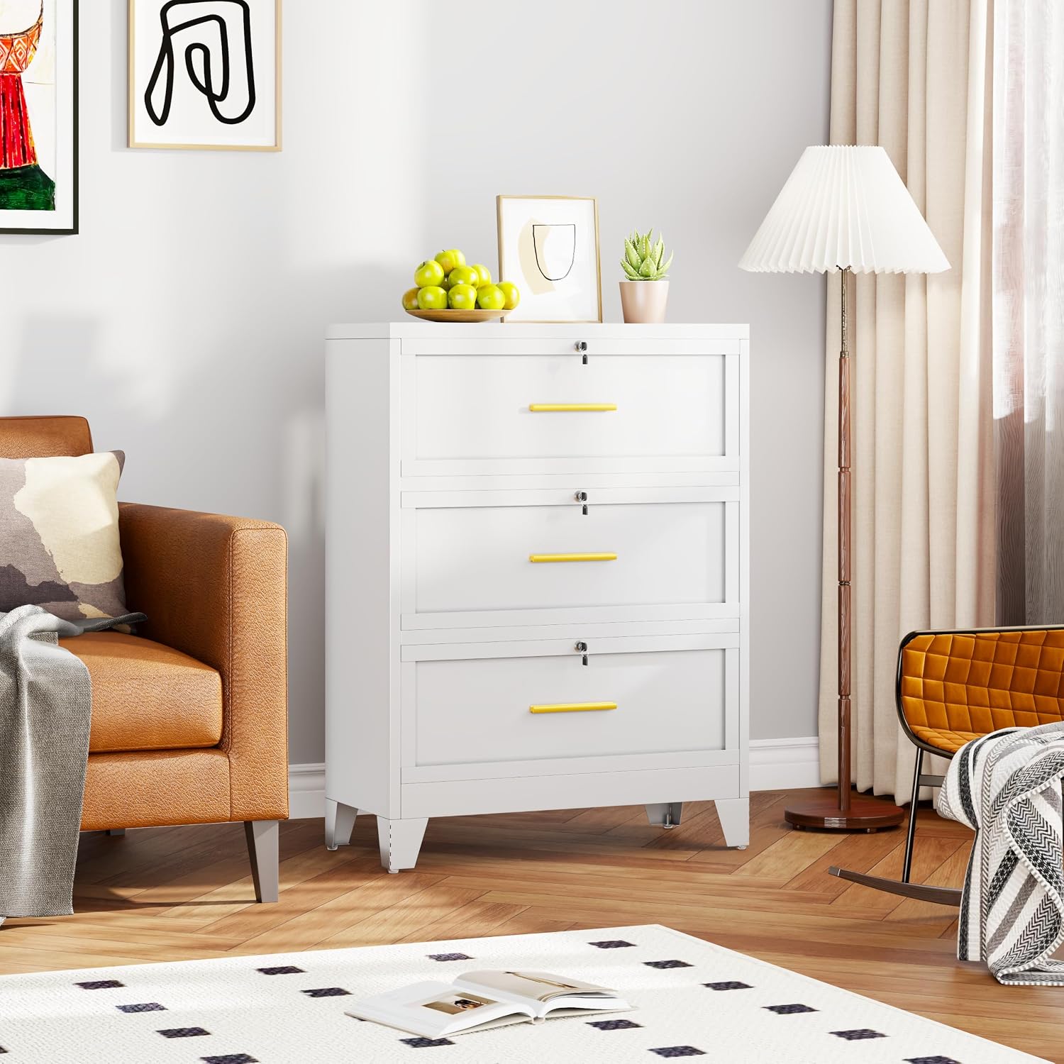 3 Drawer File Cabinet, Office Mobile Filing Cabinet, Printer Stand | All-in-One Office Storage, 3 Storage Drawers, 2 Adjustable Shelves, Lockable Cabinet, 4 Casters, 46.5-Inch Top